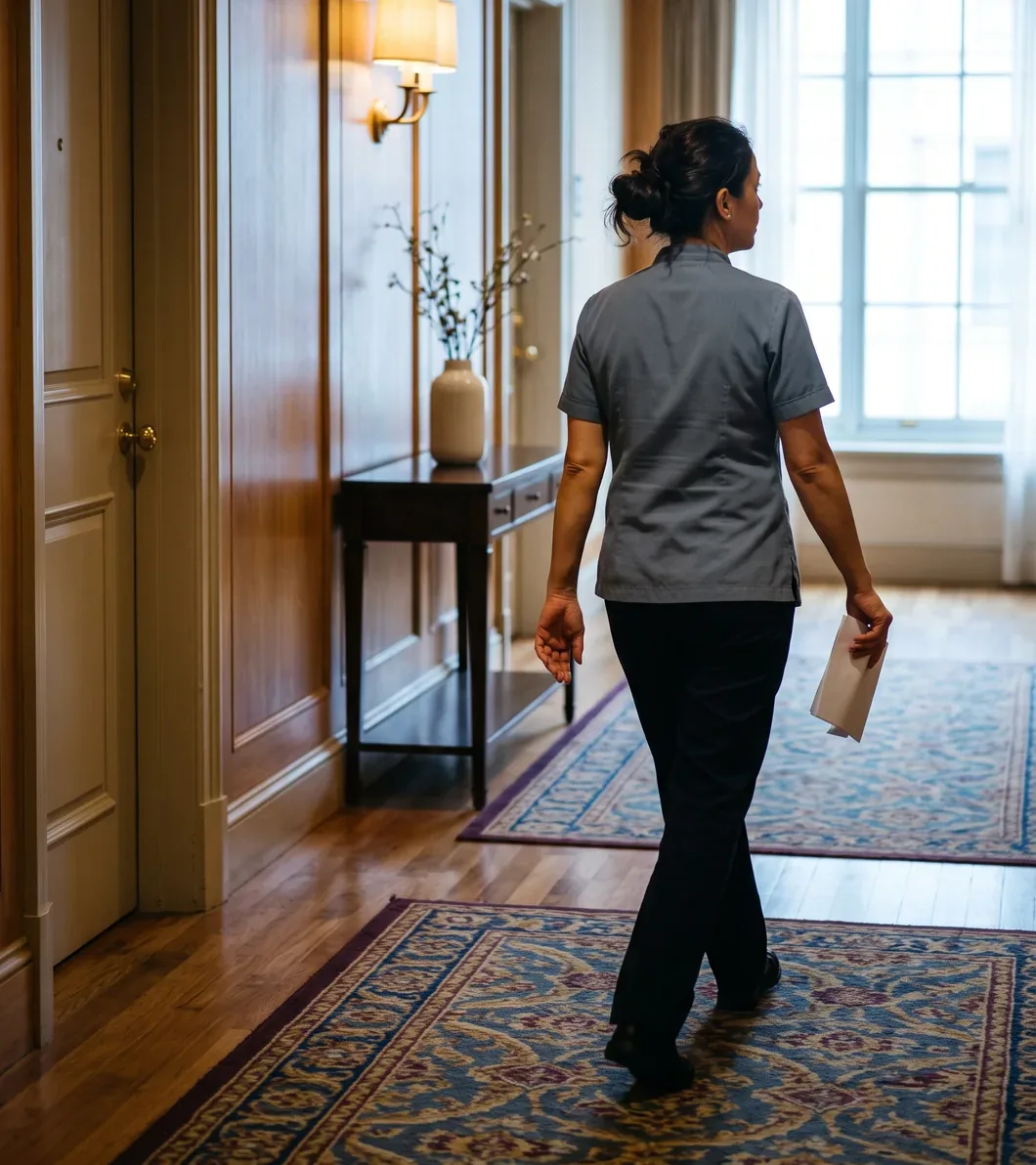 An operations supervisor in a grey uniform tunic walks a hotel guest floor, seen from behind, a folded sheet of paper in one hand, passing a console table under a lit wall sconce with daylight from a tall window ahead