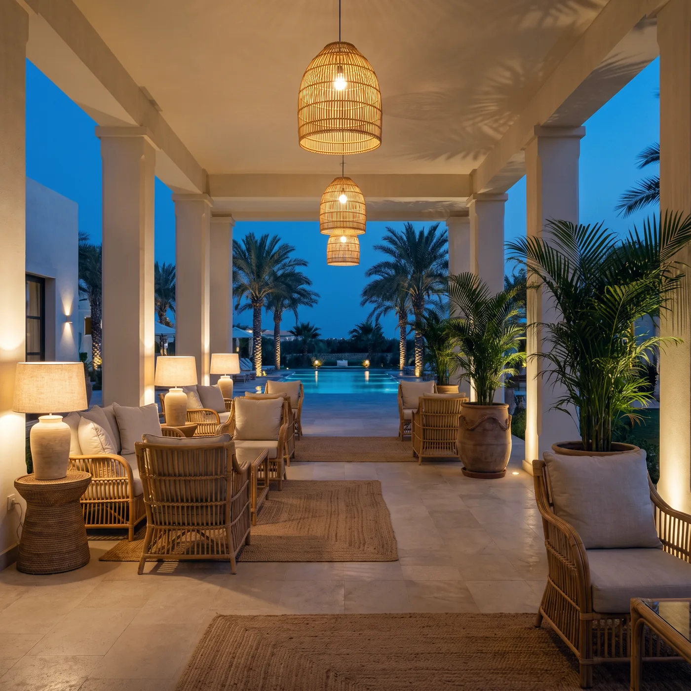 An open-air resort lounge pavilion at dusk, lamps and rattan pendants lit, the seating empty and a lit pool and date palms beyond the columns.