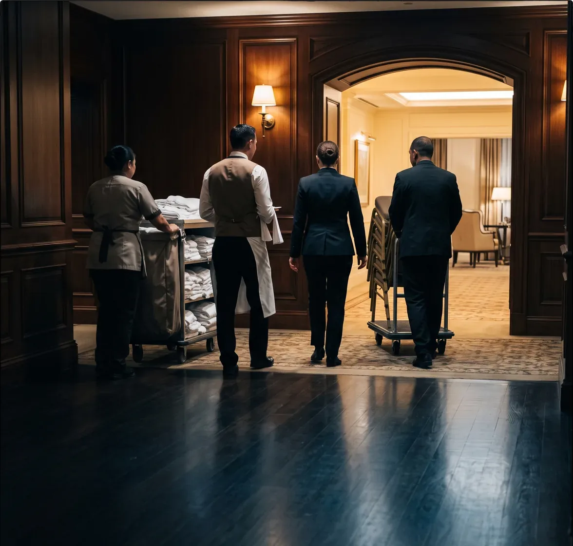 Four hotel workers in four different uniforms seen from behind, one with a linen trolley, one with a folded cloth, one in a tailored jacket and one wheeling stacked chairs, walking toward a lit archway