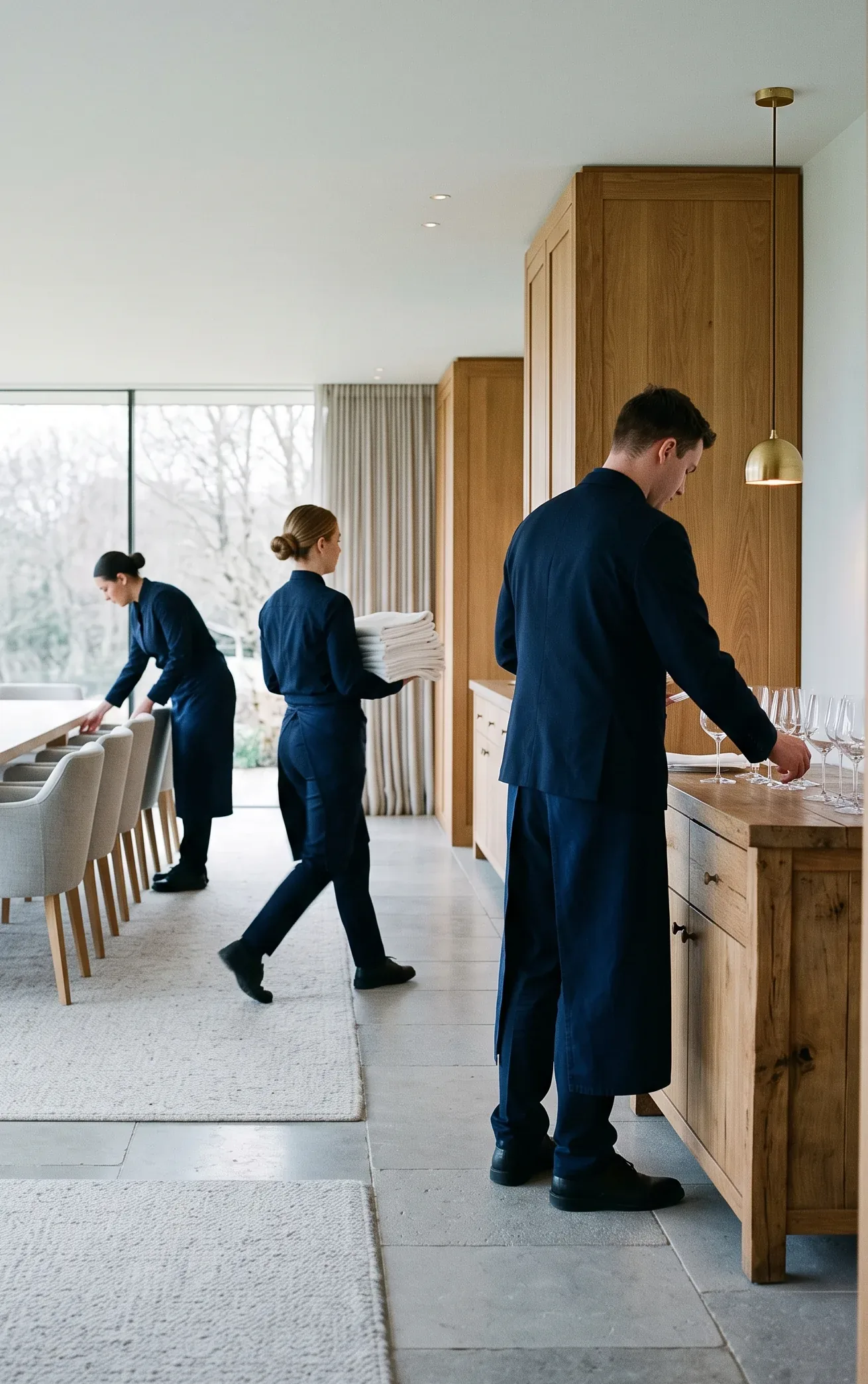 Three uniformed staff setting a private dining room in morning daylight, one straightening the chairs along the long table, one crossing with a stack of folded linen, one laying glassware out on the sideboard