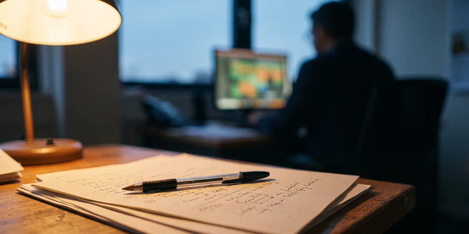 Handwritten run notes under a desk lamp with a coordinator at a screen behind