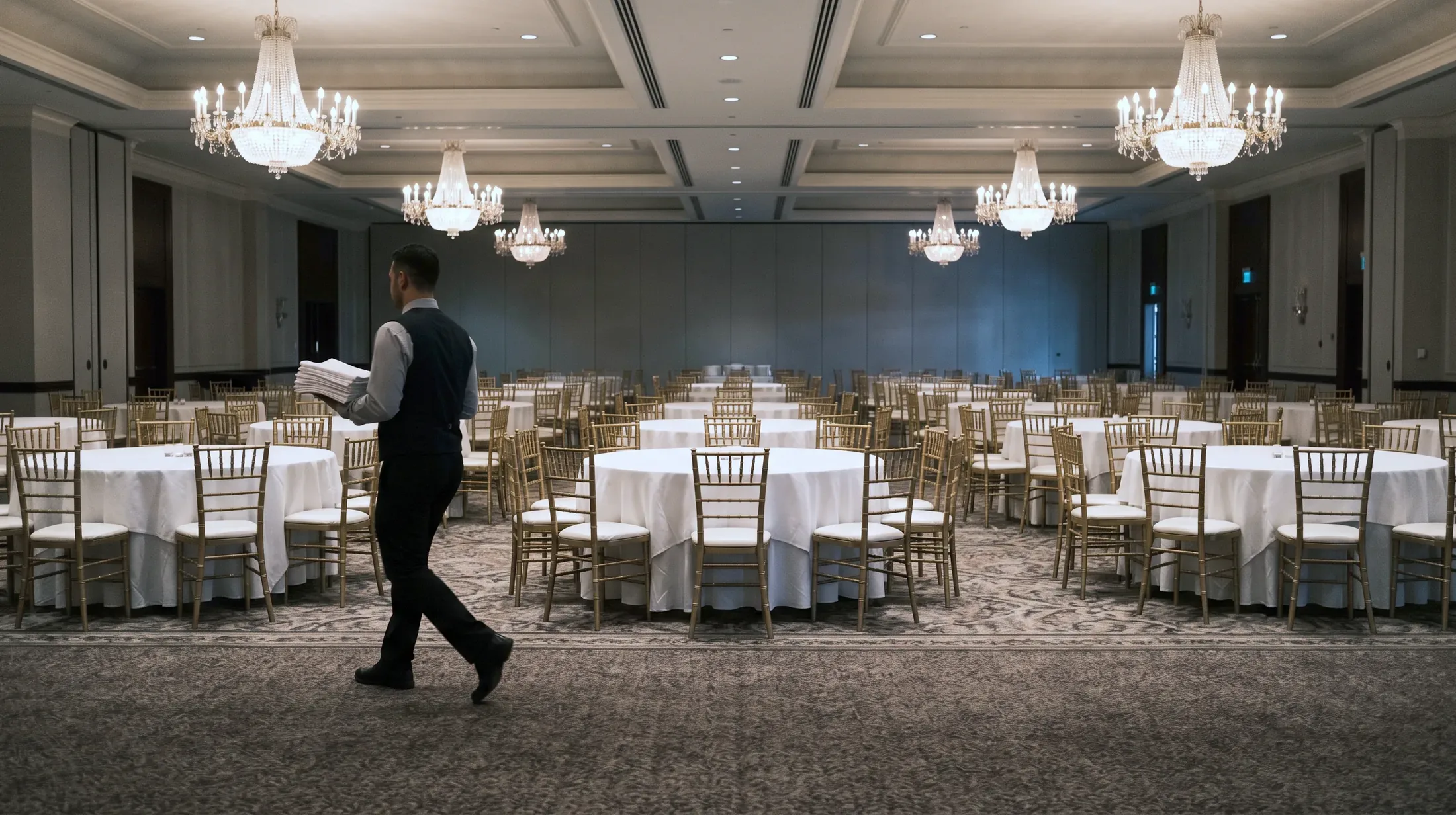 A ballroom set with rounds of white linen and gold chairs under lit chandeliers, one banquet server crossing it alone with a stack of folded linen