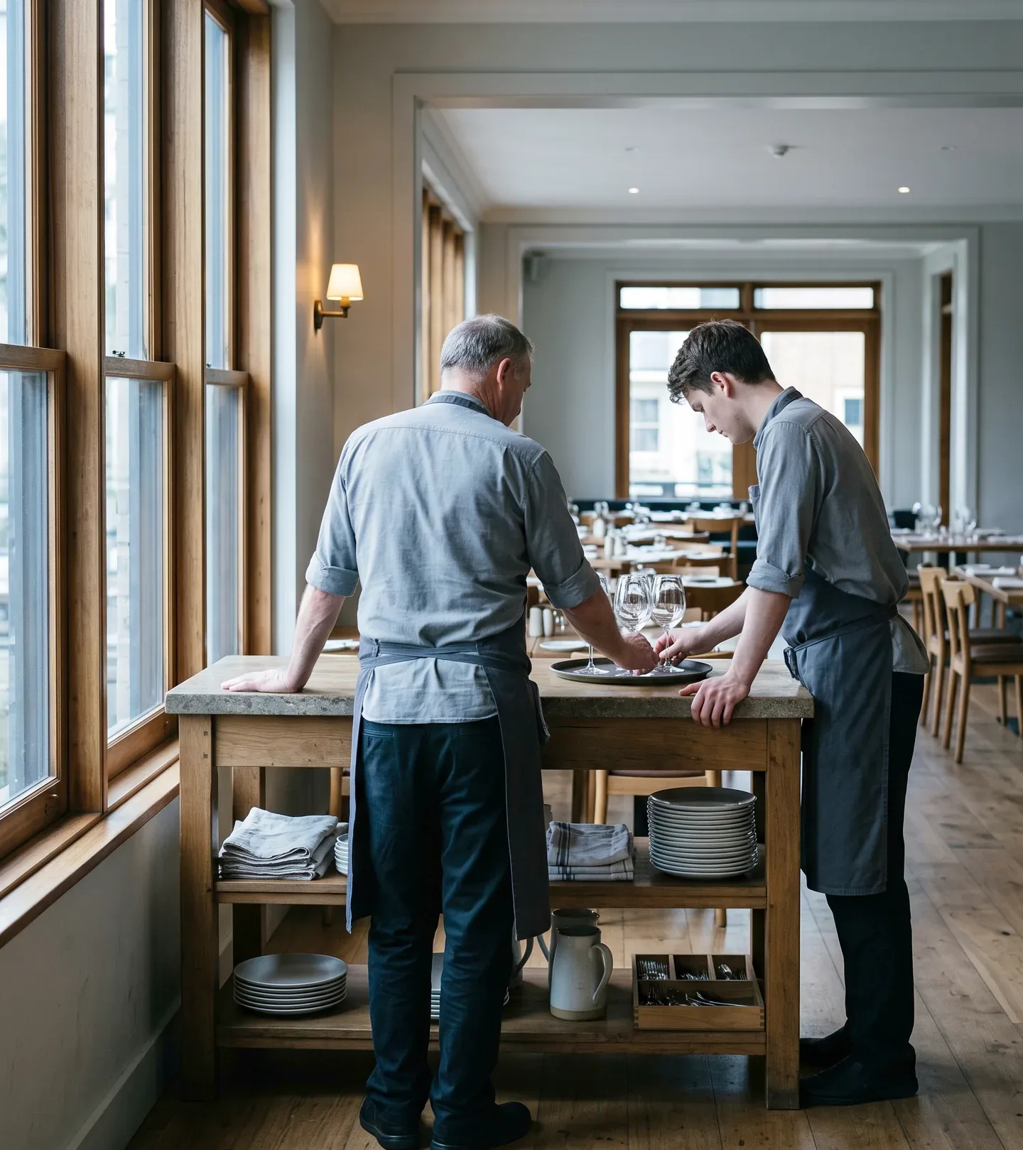 Two people in aprons at a timber service table beside tall windows in a daylit dining room, one with a hand flat on the counter while the other sets wine glasses onto a tray