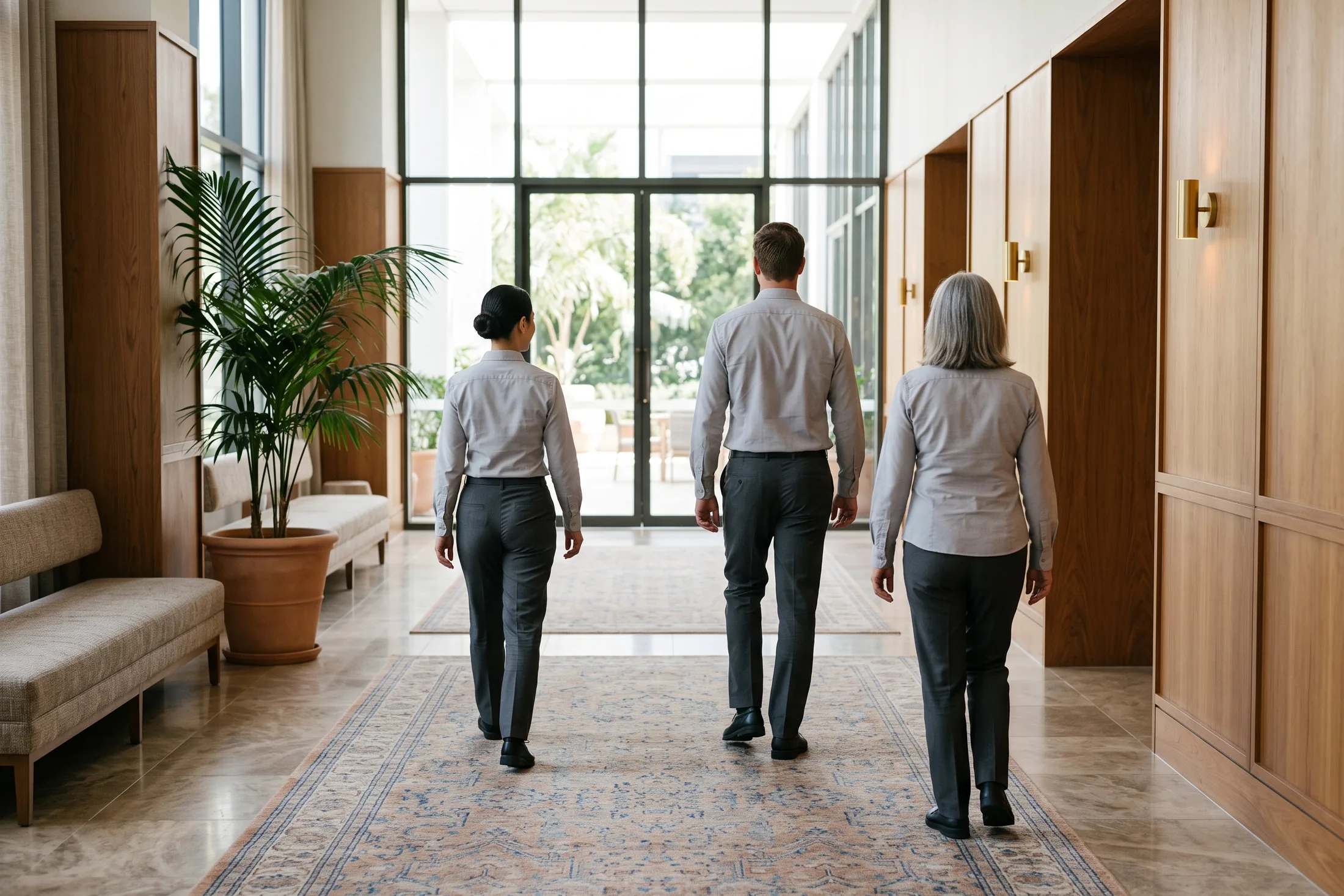 Three uniformed staff walking together down a bright panelled corridor toward a glazed door