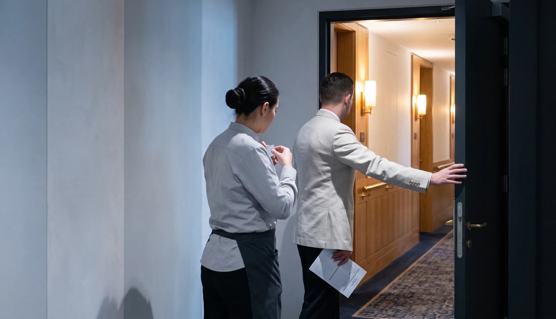Two staff at a corridor door, a woman fastening her name badge while a colleague with a checklist pushes the door open