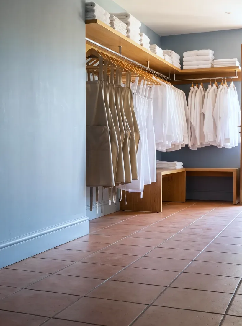 A rail of pressed uniforms on wooden hangers beside folded linen and a bench in a daylit staff uniform room at the start of the day
