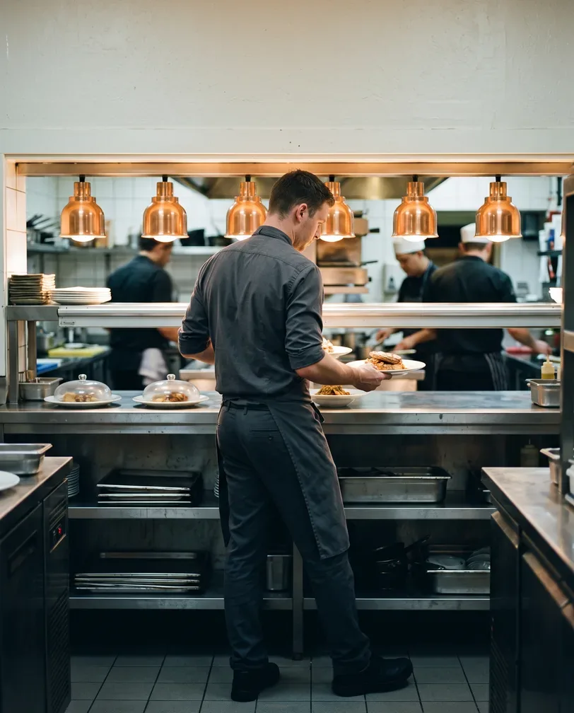 A server in a charcoal uniform lifting two plates from a hotel kitchen pass under a row of warm copper heat lamps, with two cooks working behind