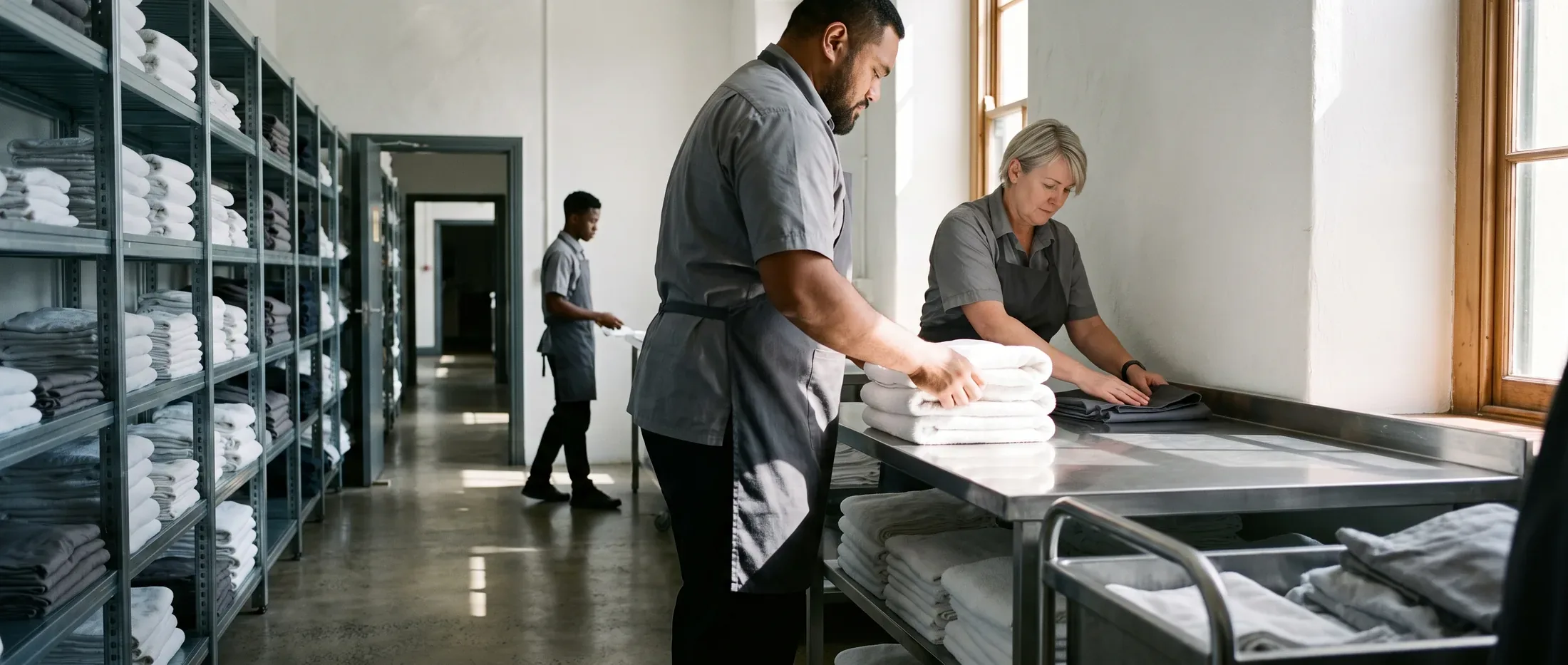Two hotel housekeeping workers in grey shirts and charcoal aprons draw the linen for the shift in a daylit linen store, one lifting a stack of folded white towels onto a steel counter and the other smoothing a folded apron flat beside it, with a run of steel shelving stacked with folded linen down the left wall and a third worker further off