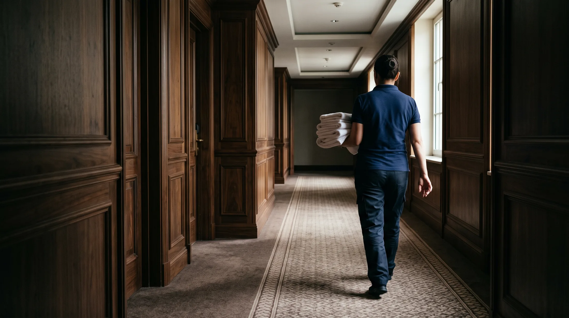 A housekeeper in uniform walks away down a panelled hotel corridor carrying a stack of folded white towels, one hand under the stack and the other open at her side, with closed guest room doors in moulded frames on both sides and a window at the far turn.