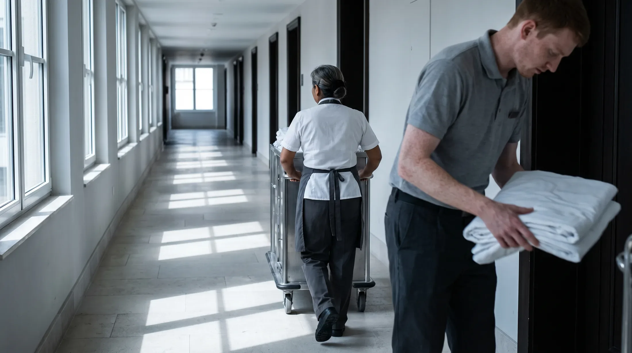 A daylit hotel guest corridor with tall windows down one side: a housekeeper pushing a linen cart away down the corridor, and nearer the camera a second worker carrying a folded stack of white sheets he has taken from it