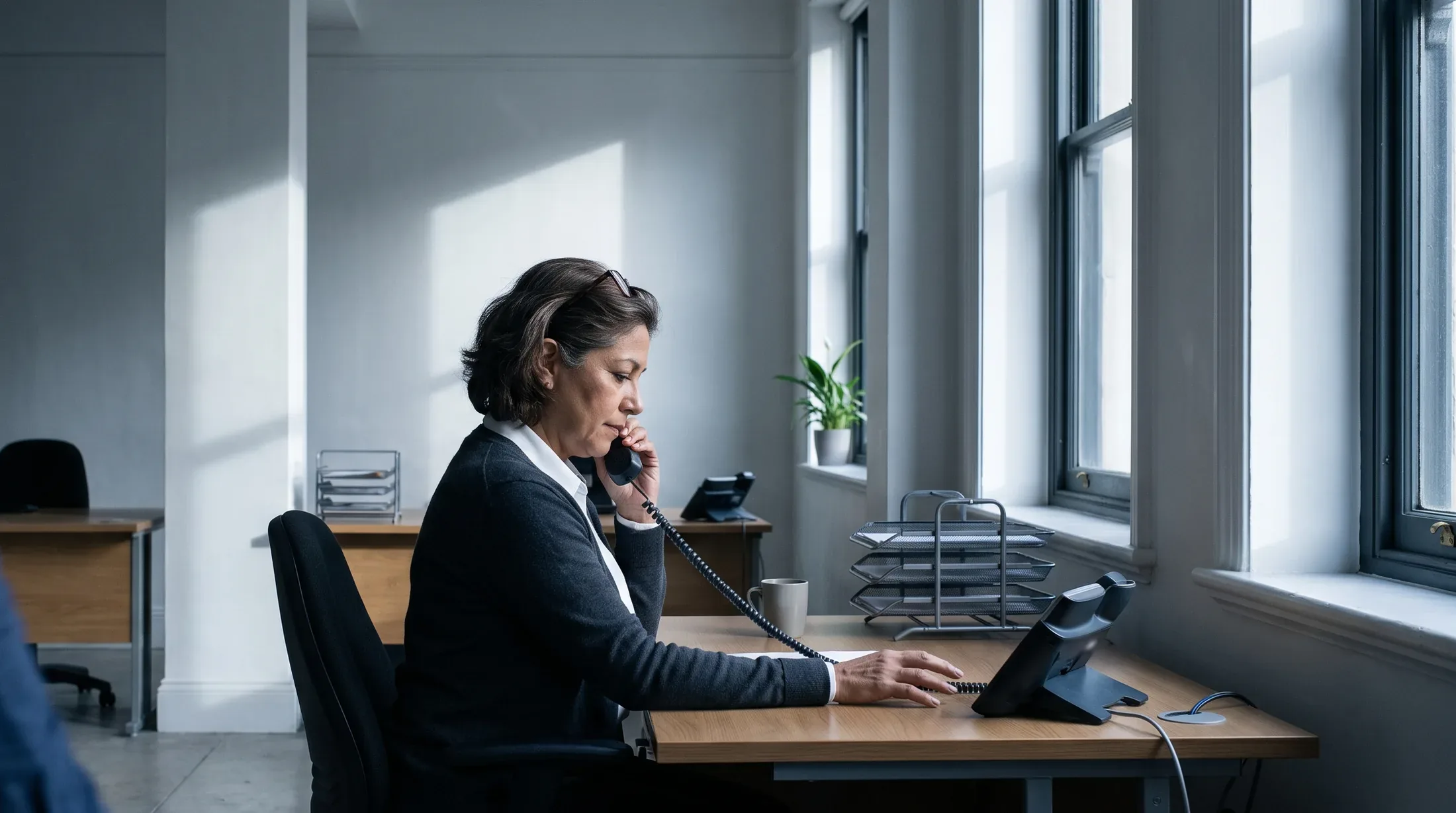 A staffing coordinator on the telephone at her desk in a tall daylit office, seen from the side, daylight from a run of high windows falling across the wall beyond her, a colleague passing close to the camera out of focus at the left edge of the frame
