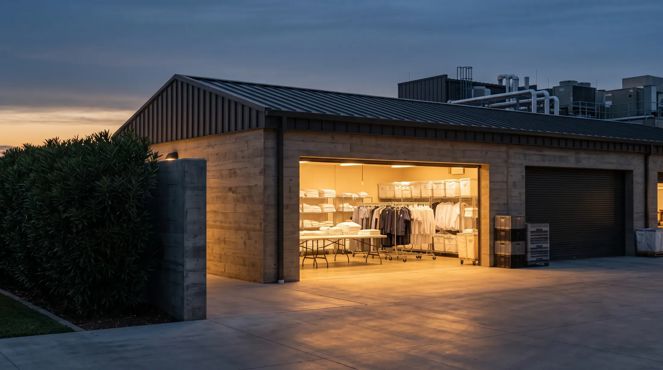 A service building at blue hour with one wide opening lit warm from inside, showing wire shelving stacked with folded linen, a rail of pressed uniforms and canvas laundry hampers on a clean concrete floor.
