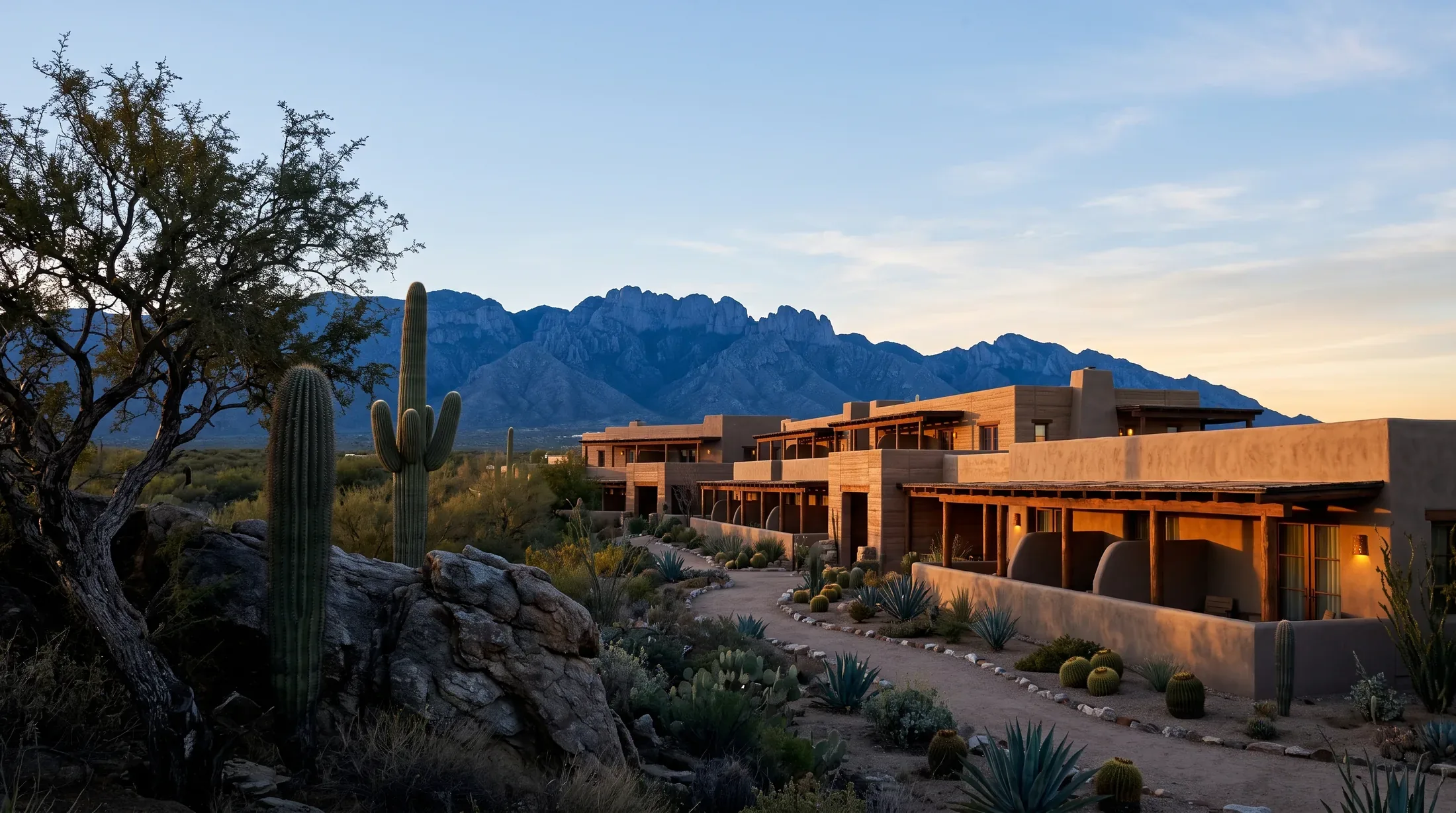Adobe casitas lit at dusk below a rugged desert range, saguaro in the foreground