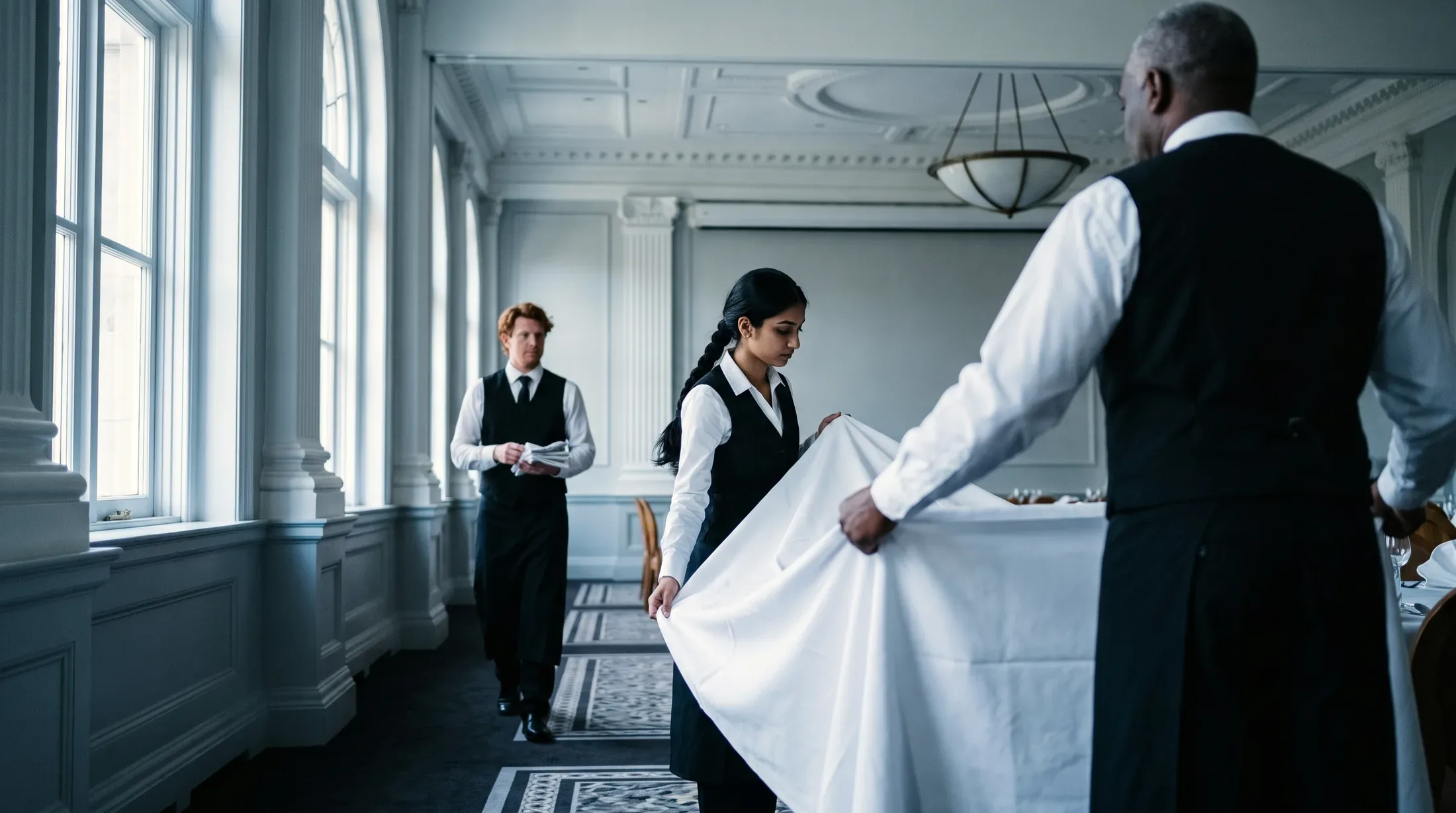 Two banquet crew laying a white cloth over a long table in a hotel ballroom, one close to the camera and one facing him across the table, while a third walks past behind them carrying folded napkins, in daylight from a wall of tall arched windows