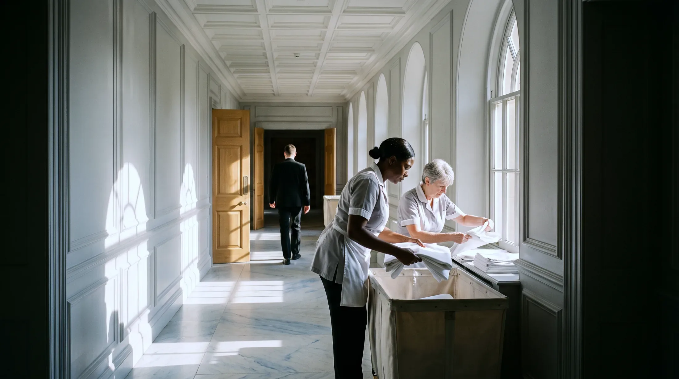 Two housekeeping attendants loading folded white table linen into a canvas cart in a long vaulted hotel service gallery, one lowering a cloth into the cart and the other lifting one off a stack on the window sill, both seen from behind with their heads bowed to their work, as bars of morning sunlight cross the marble floor from a run of tall arched windows