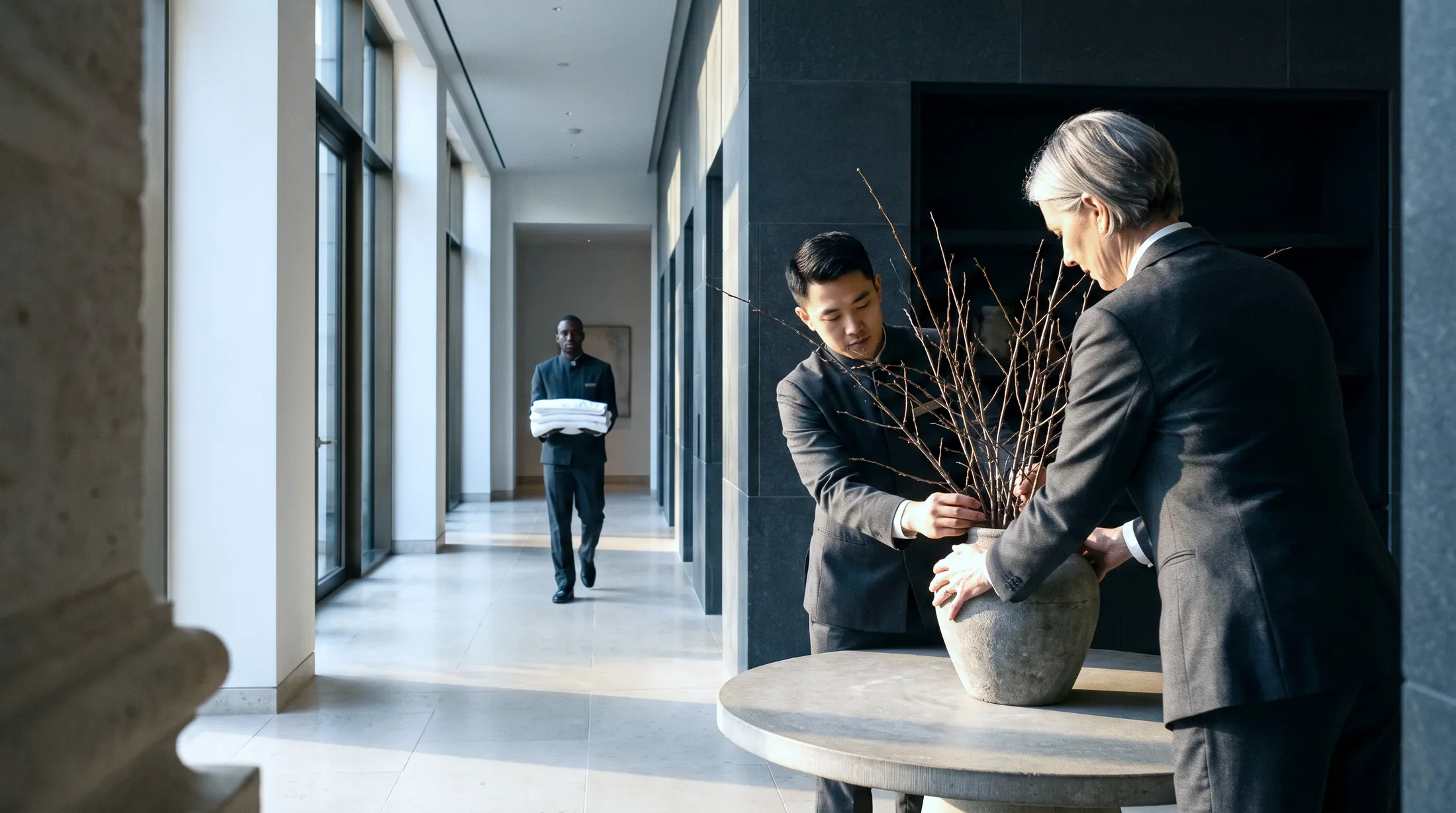 Three members of a hotel crew at work in a long daylit stone gallery: two of them setting a heavy stone urn of bare branches onto a table at the near right, and a third walking up the gallery behind them carrying a stack of folded white towels