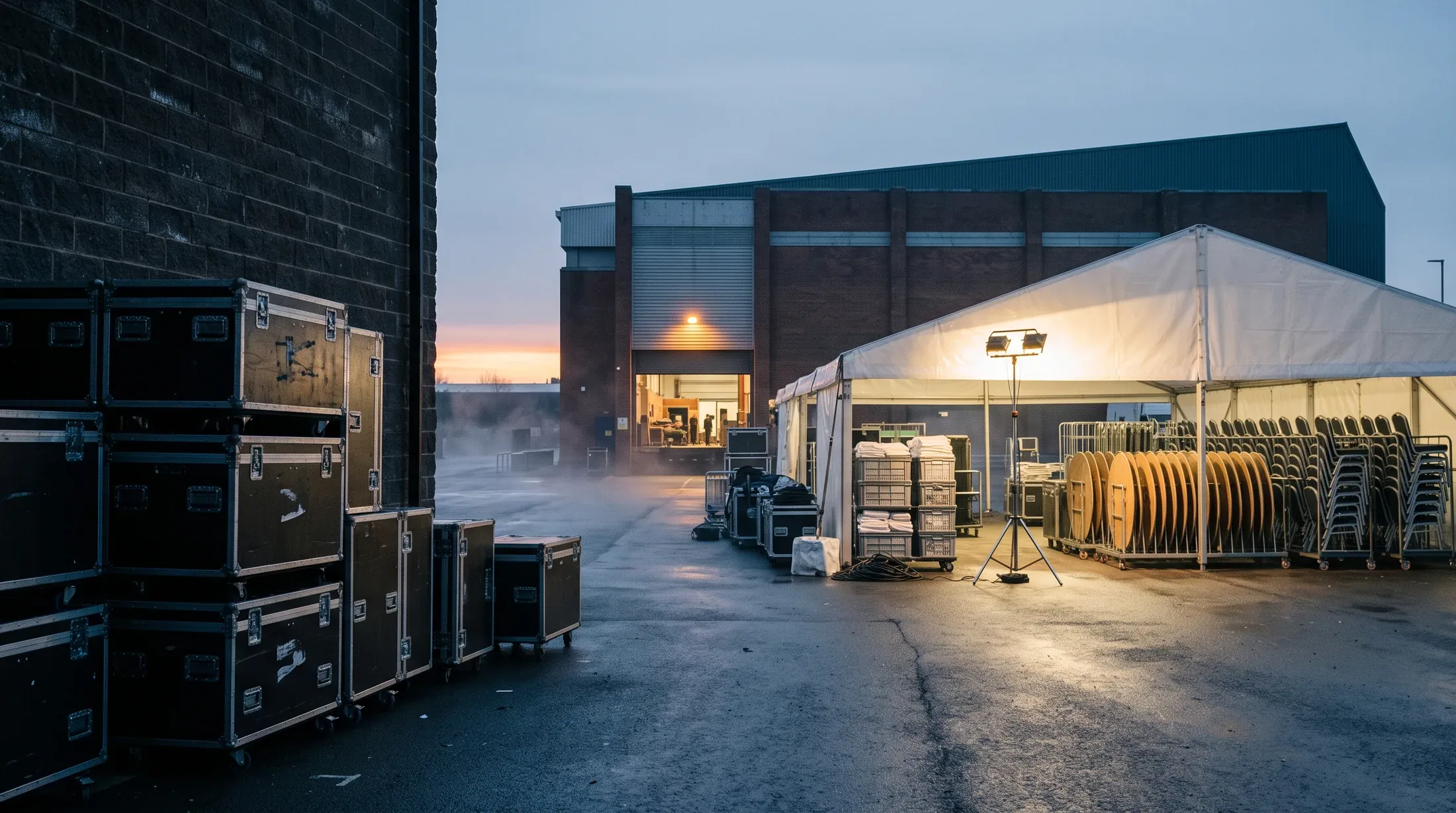 An event load in yard at first light, with stacked flight cases in the foreground, a marquee sheltering banked chairs and round tables under a work light, and a loading dock standing open at the back.