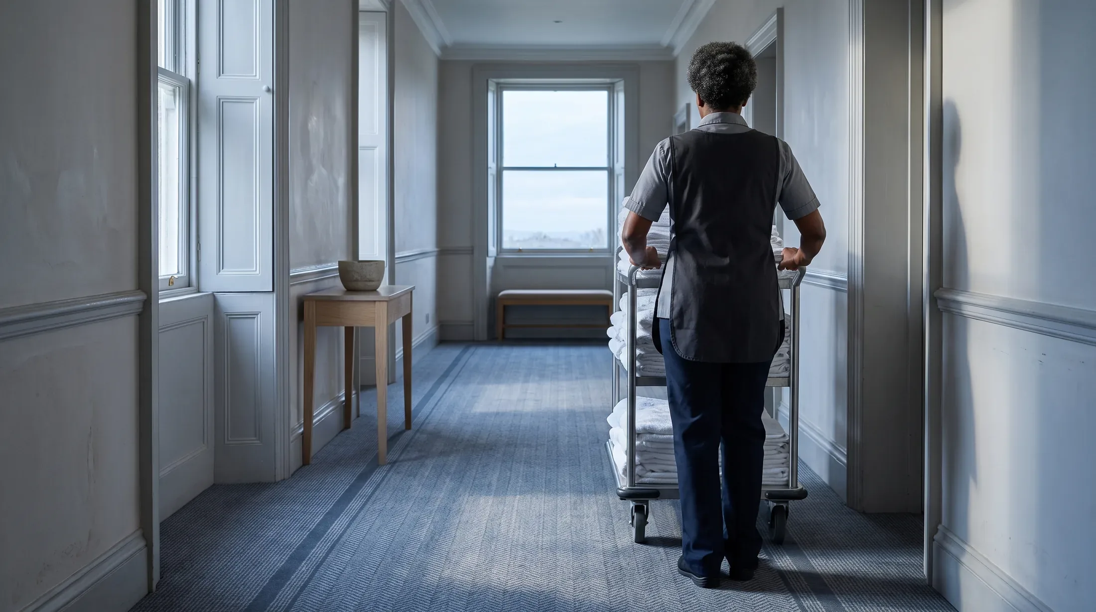 A hotel room attendant seen from behind in a painted panelled guest corridor at the start of a shift, both hands on the push bar of a linen trolley stacked with folded white towels, cool daylight from a sash window at the far end of the corridor