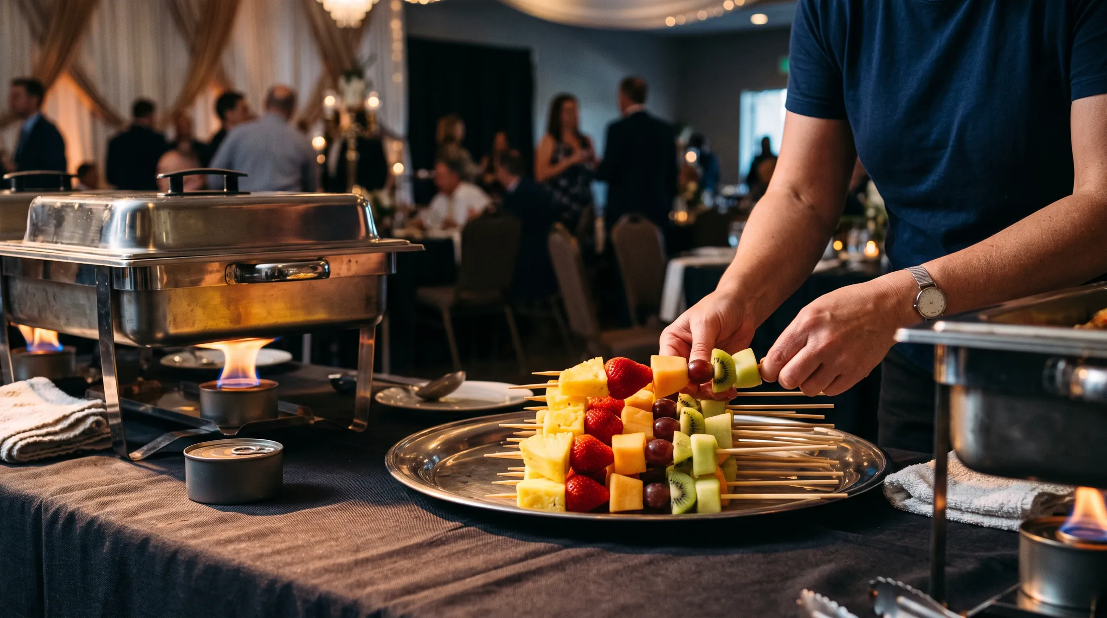 A chafing line at a function, a plated fruit tray being set down beside it.