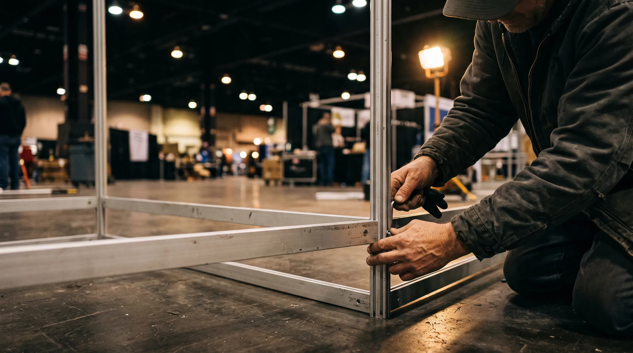 A crew member bolting booth framing together on an exhibit hall floor.