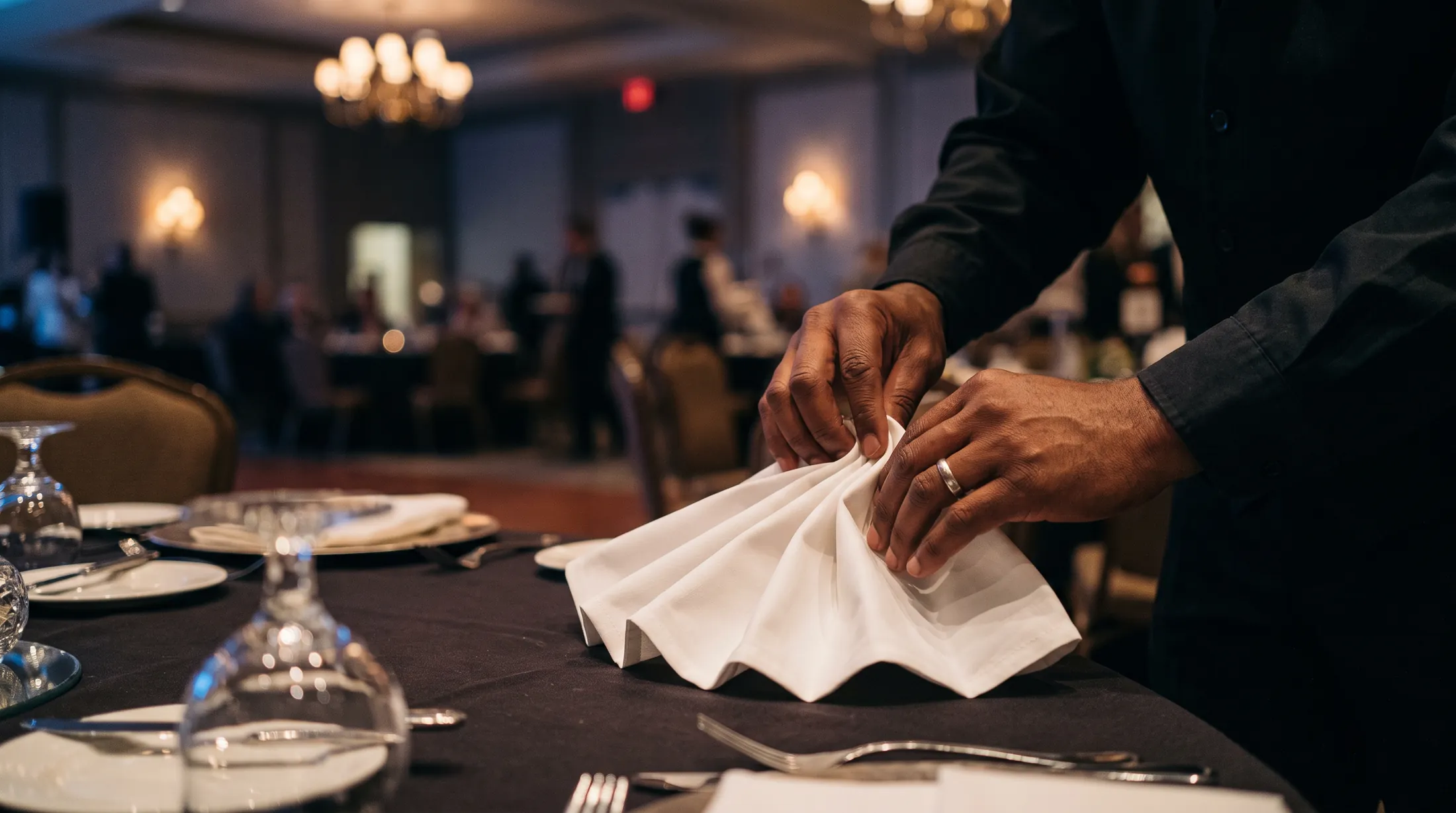 A server folding a napkin at a laid table, the dining room lit behind.