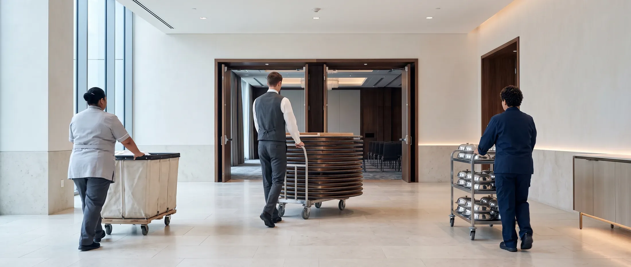 Three hotel crews crossing one ballroom pre-function foyer at the same moment: a housekeeping attendant on the left pushing a canvas linen truck, a banquet porter in the centre walking a dolly of folded round tabletops toward the open ballroom doors with the chairs already set inside, and a stewarding worker on the right pushing a trolley of silver cloches.