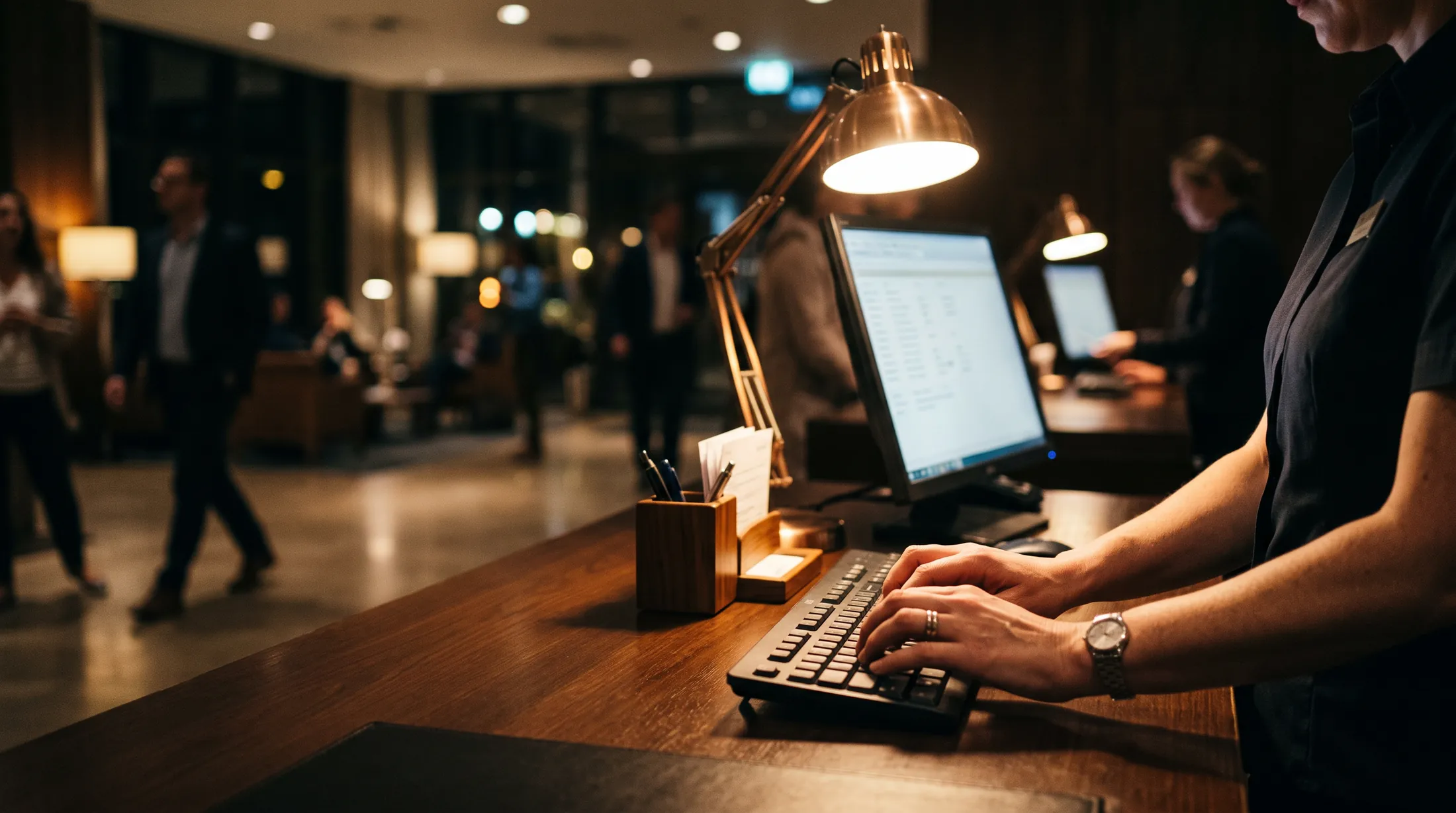 A front desk agent working a check-in terminal under a desk lamp, the lobby moving behind.