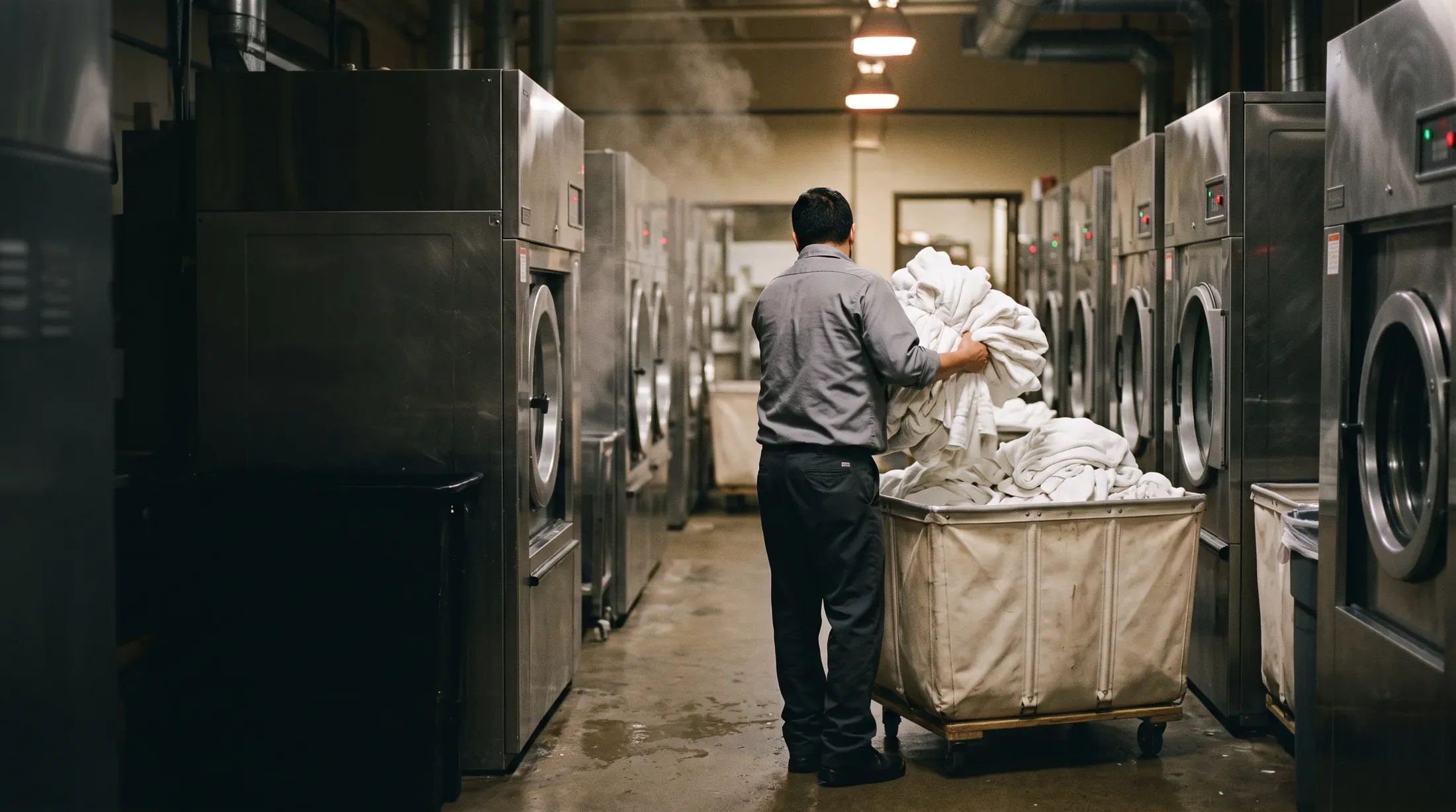 A laundry attendant loading clean linen into a cart down a row of commercial washers.
