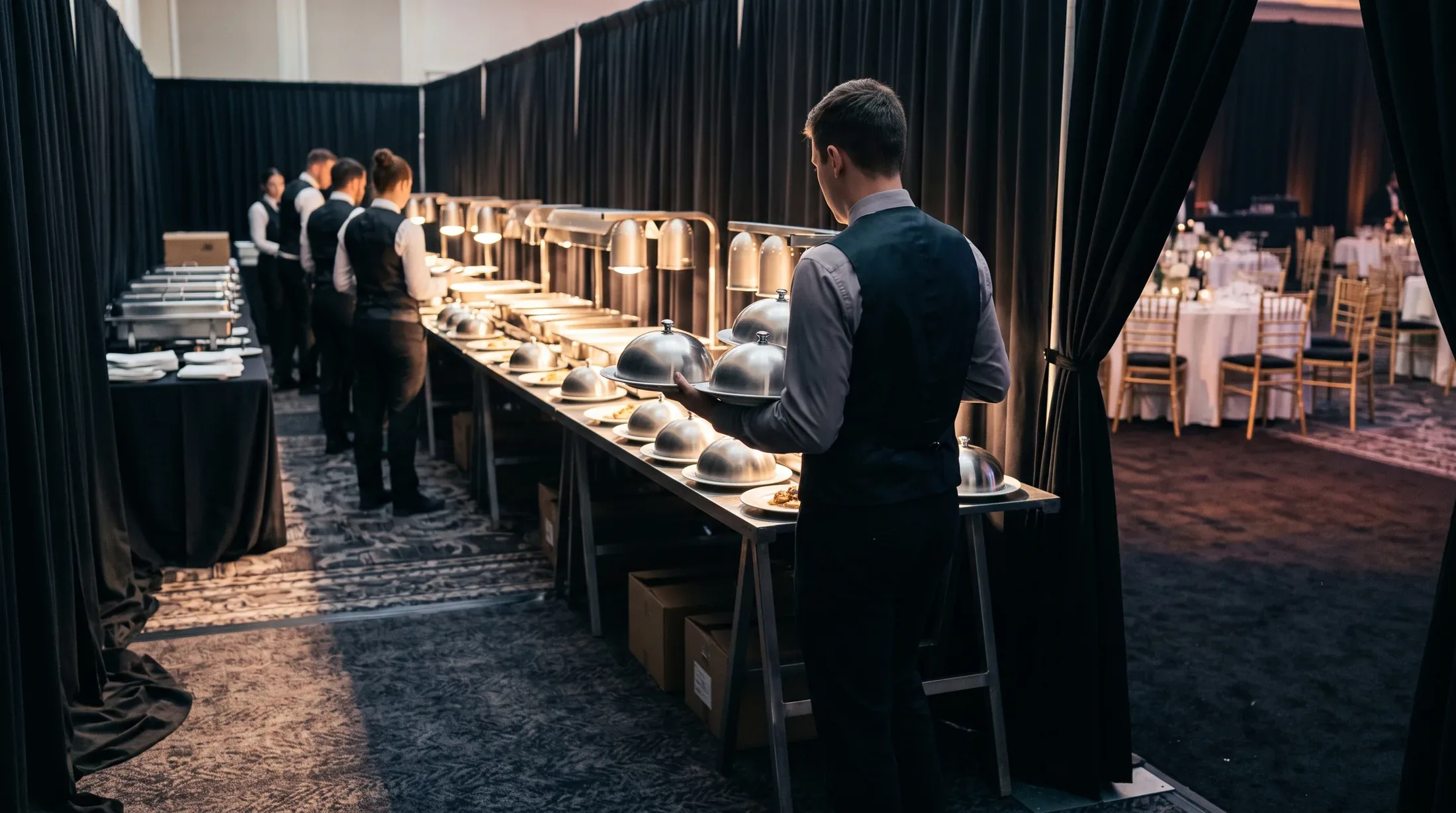 A server lifting covered plates from a long trestle pass at a gala plate-up, a line of servers waiting behind him.