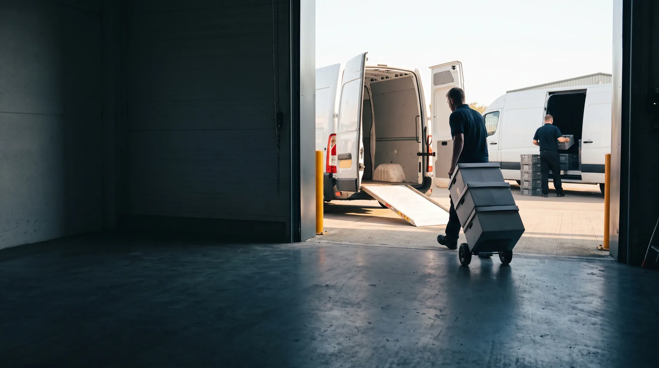 A crew member wheeling a stack of transport boxes down a ramp between two vans in a catering loading yard.