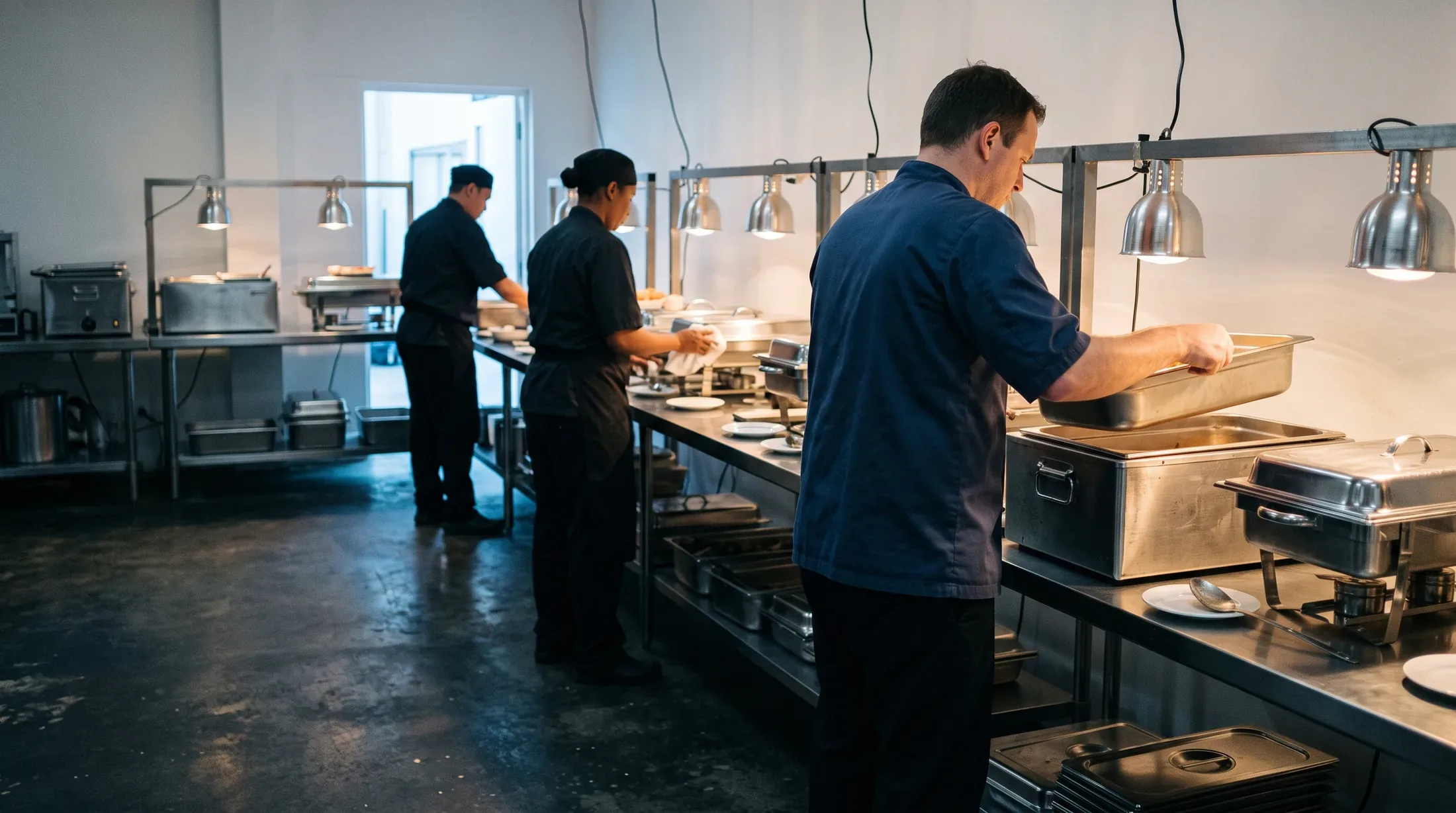 A chef lifting a tray into a chafing dish on a buffet line in an off-site kitchen during service.