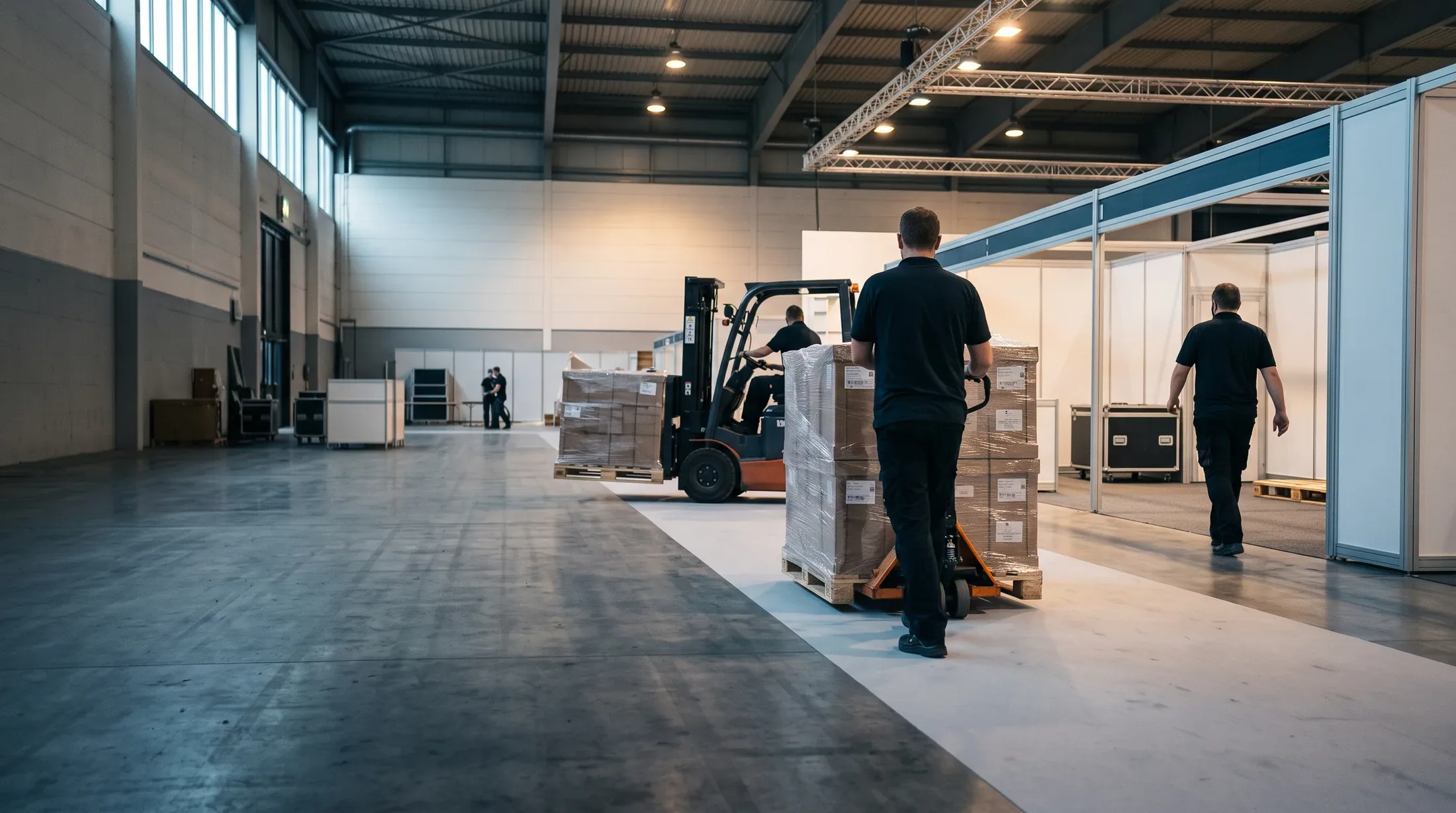 A crew member walking a loaded pallet truck down an exhibit hall aisle at show move-in, a forklift working behind him.