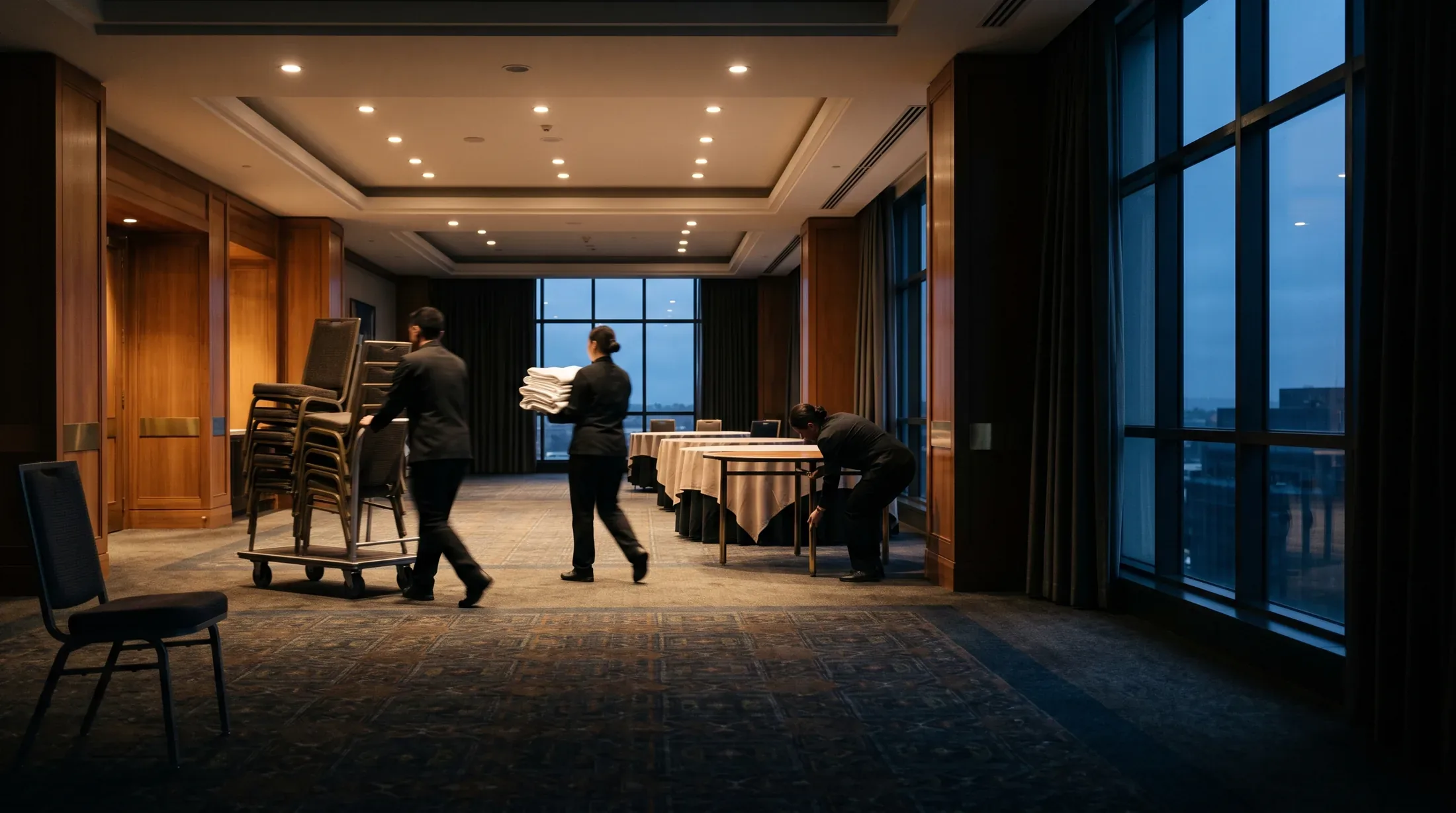 Three staff resetting a function room after dark, stacking chairs, carrying folded linen and dressing a table.