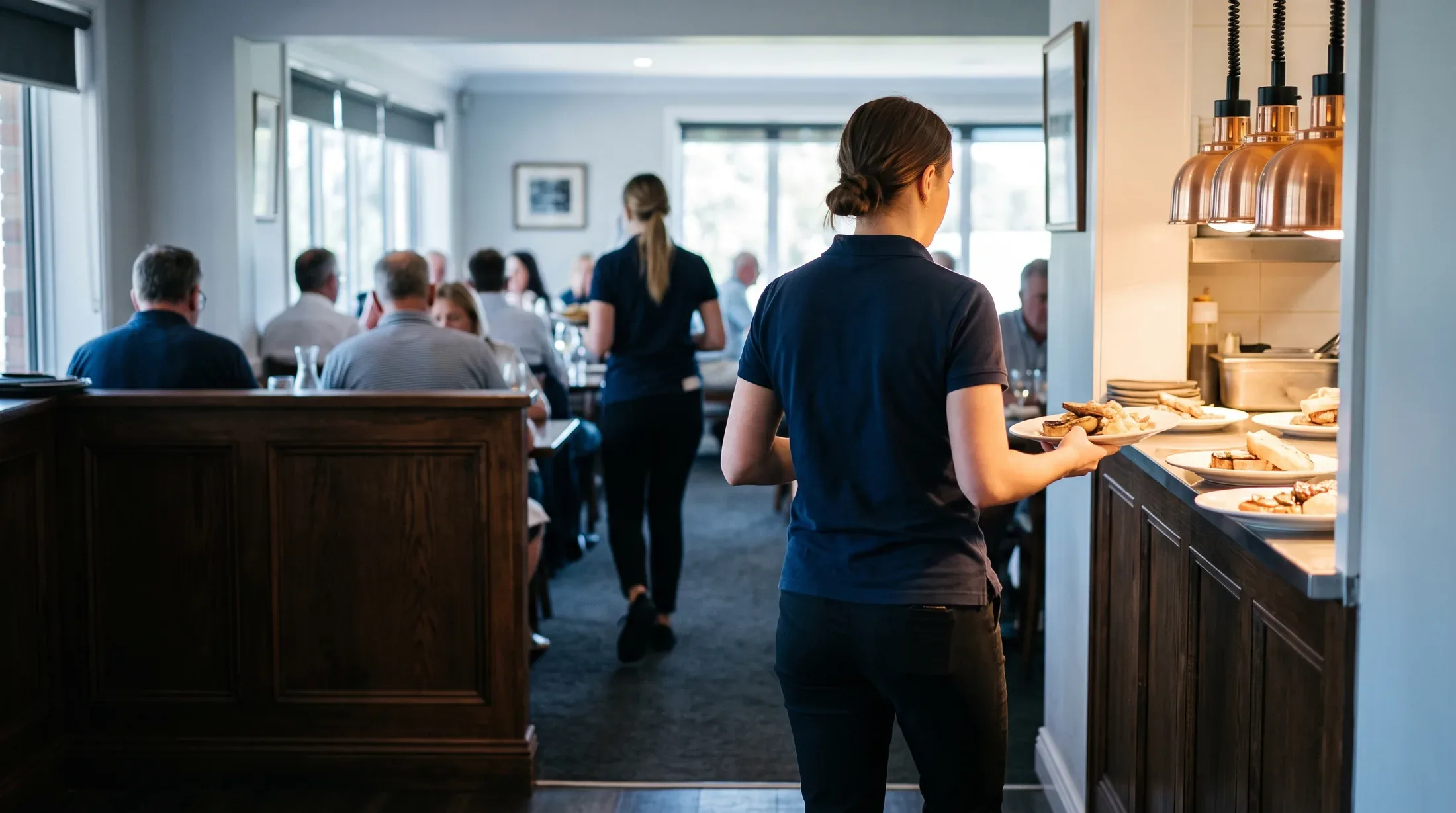A server carrying a plate away from the kitchen pass in a full clubhouse grill room at lunch.