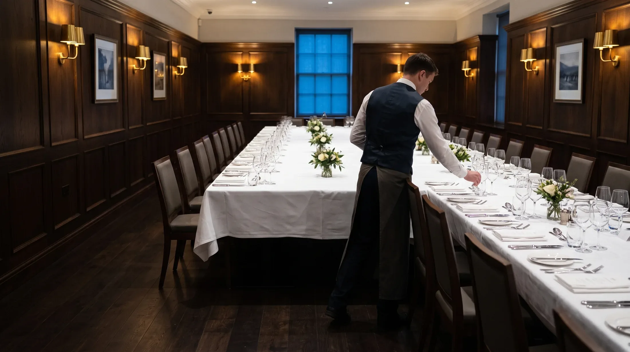 A server making a final pass along a long dressed table in a panelled private dining room.