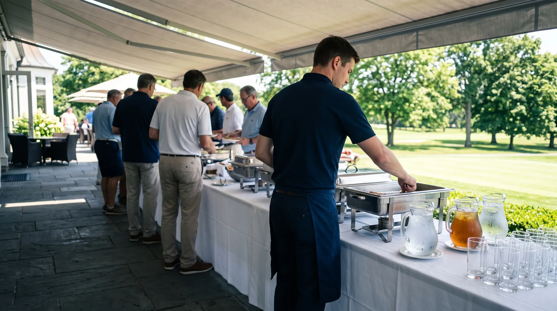 Members working a linen dressed buffet on a clubhouse terrace, a server tending a chafing dish at the end of the line.