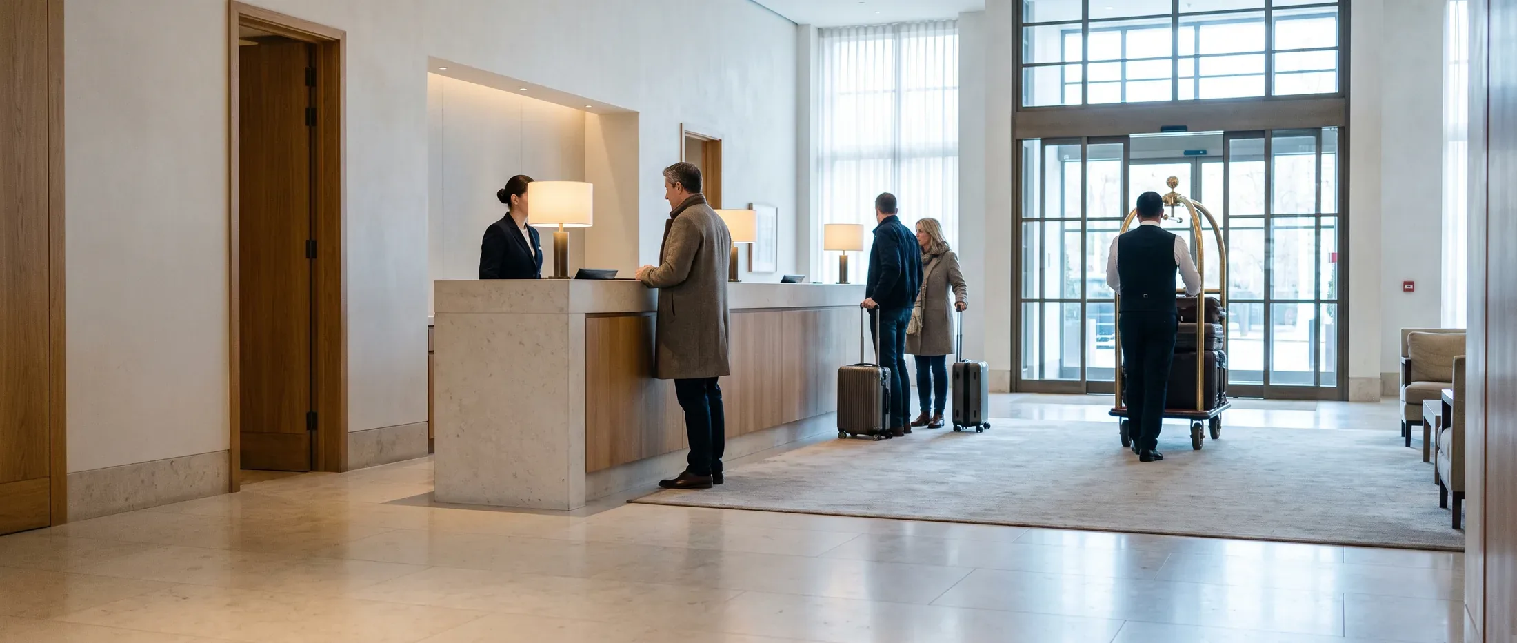 A hotel lobby at the morning check-out: a front desk agent works with a guest across a stone counter, a couple wait behind them with wheeled cases, and a porter walks a loaded brass luggage trolley toward the revolving door.
