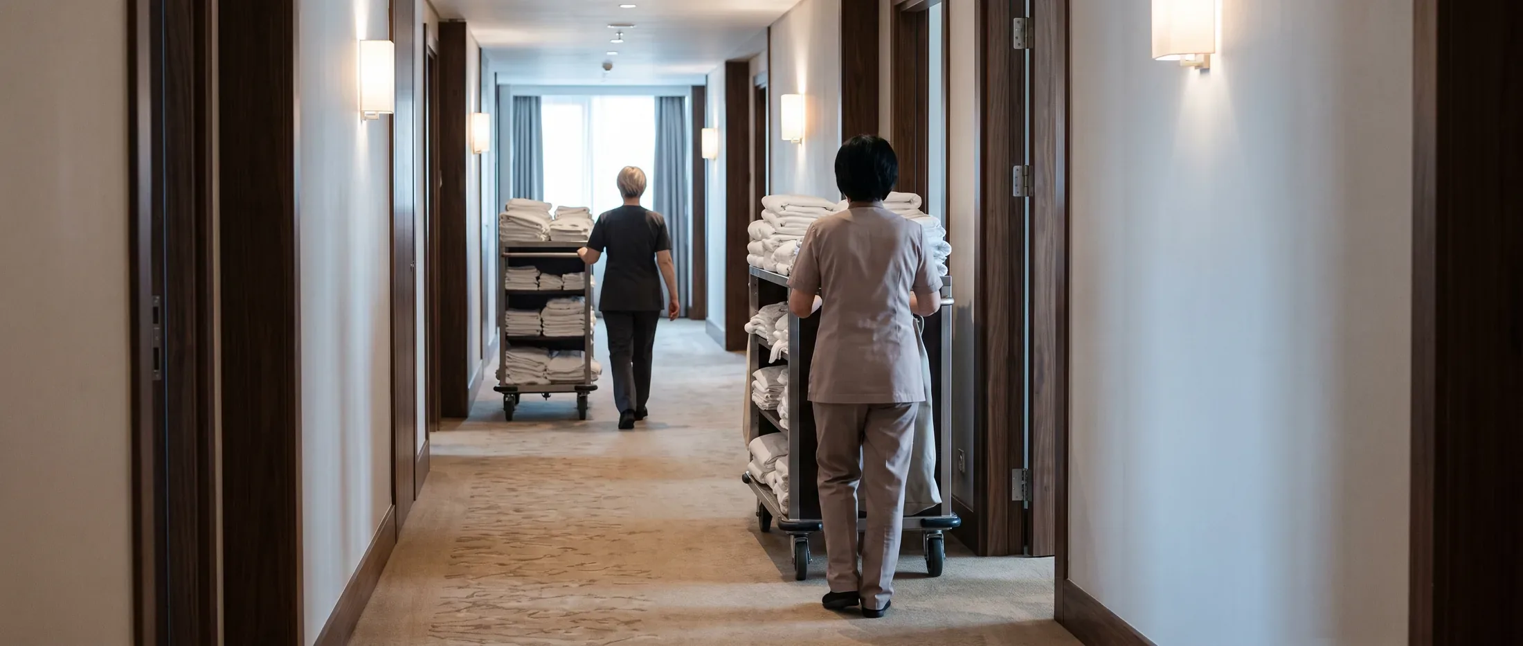A guest corridor in the middle of a run of room turns: a room attendant stands at a linen cart stacked with folded white towels outside an open door, a second attendant walks a second loaded cart further down the run, and daylight comes from the window at the end.