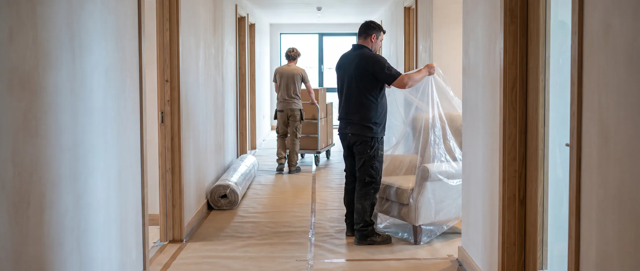 A guest floor being fitted out before it opens: kraft paper taped down the corridor, a rolled carpet against the wall, a worker lifting the plastic wrap clear of a new armchair, and a second worker walking a trolley of cartons toward the window.