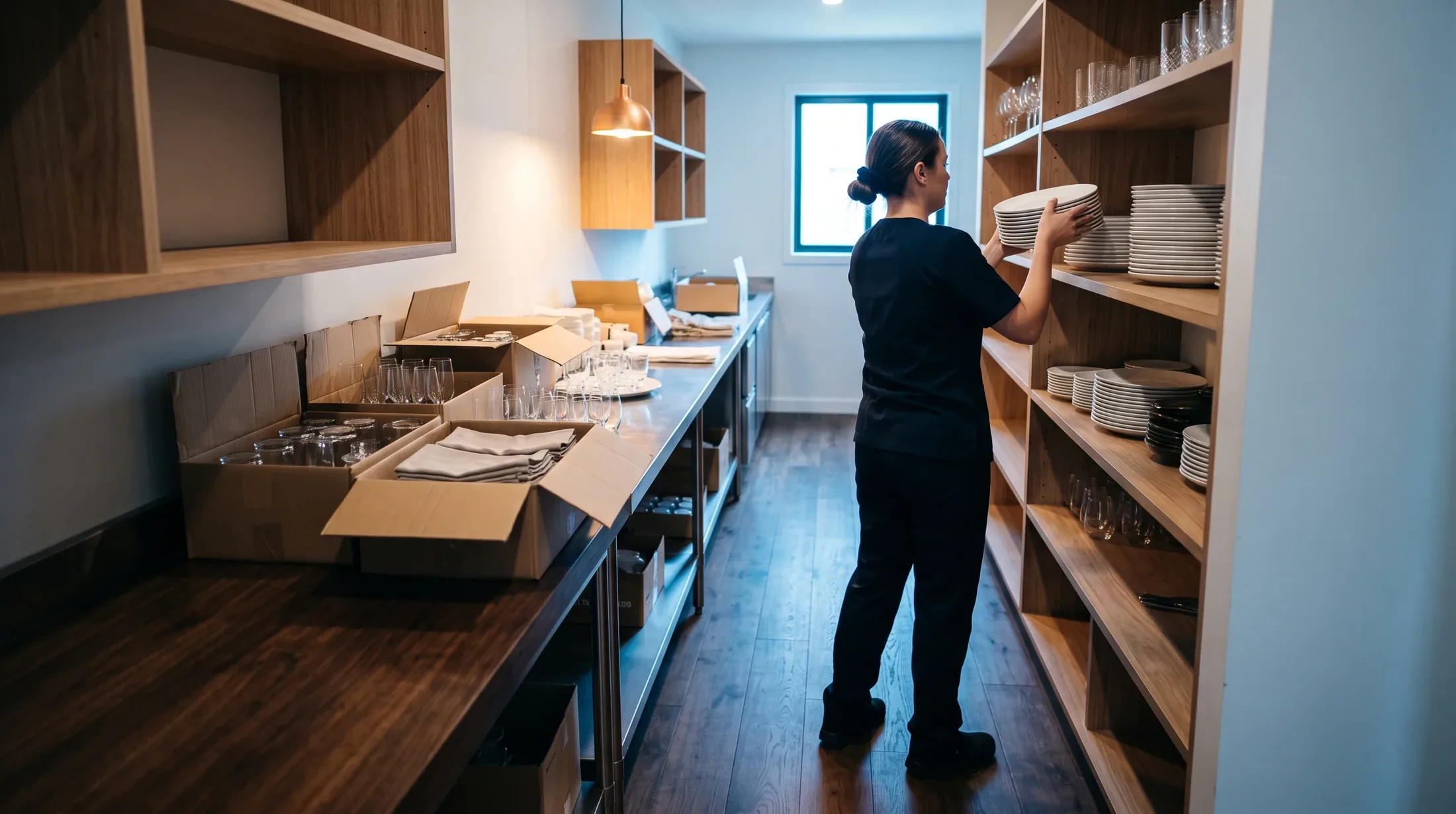 An attendant stocking a new resort service pantry, open cartons of glassware on the bench beside her.