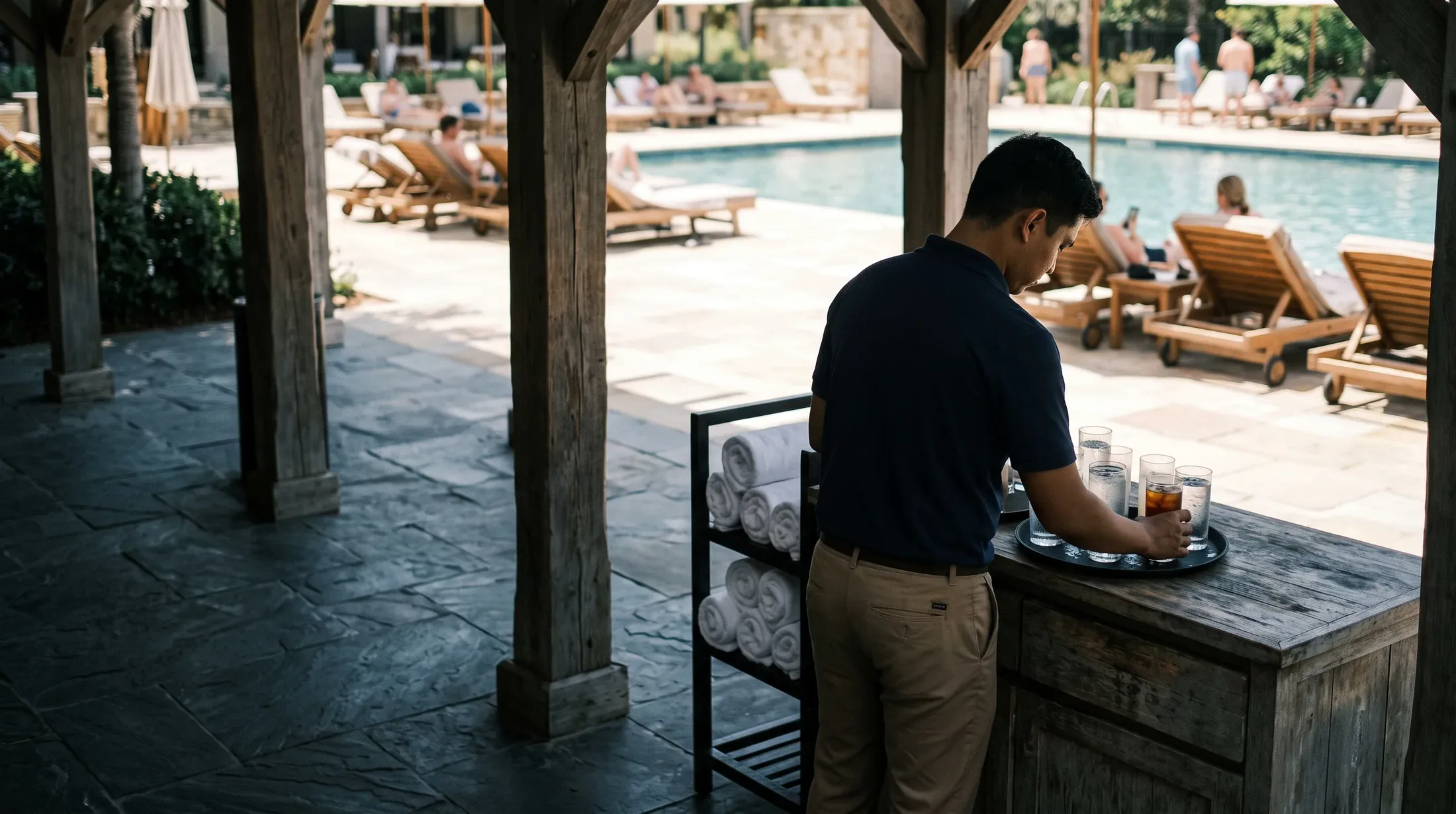 A pool attendant stacking rolled towels at a shaded towel station, the pool deck busy beyond it.