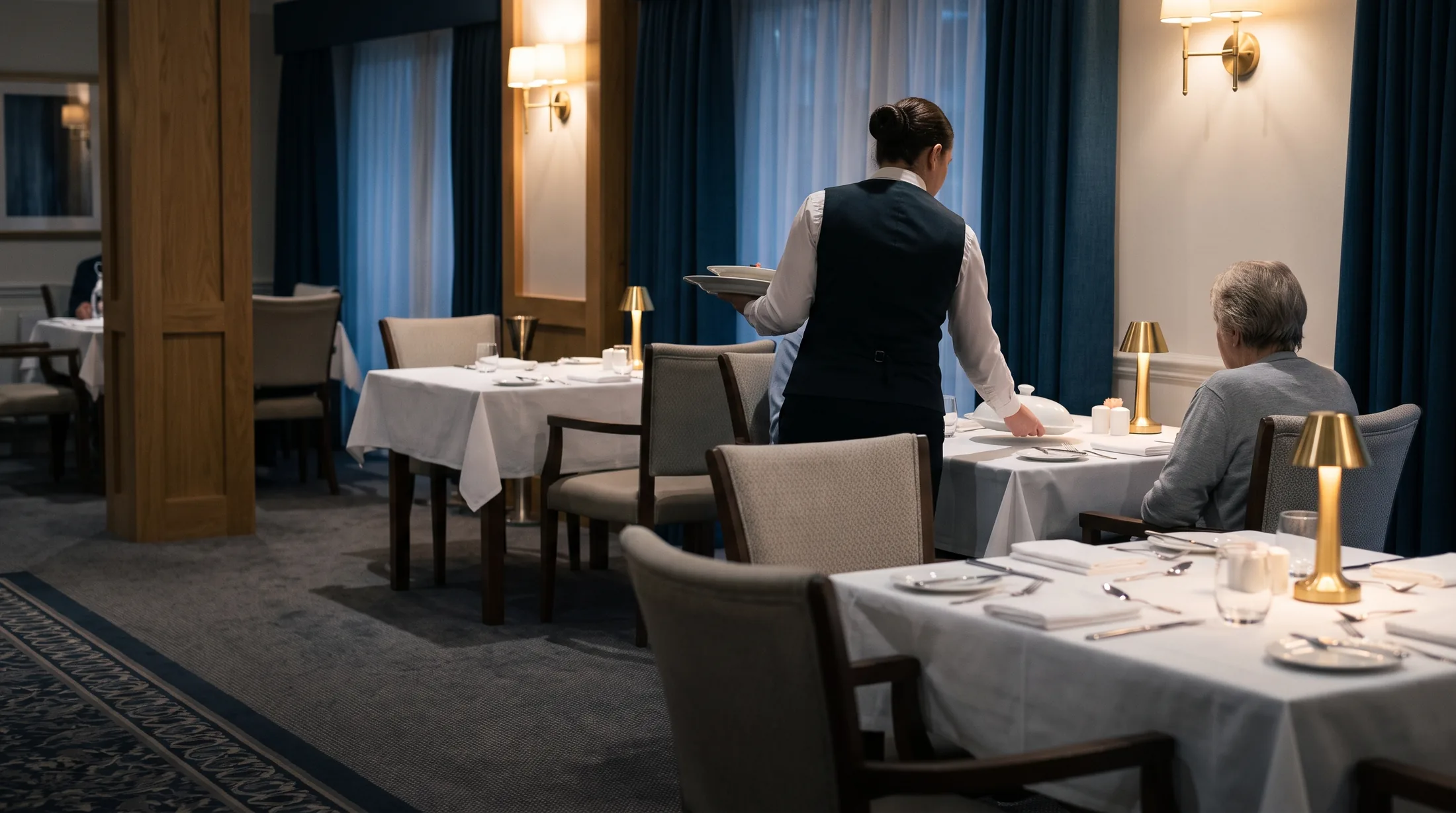 A server setting a covered plate at a laid table in a senior living dining room at the evening sitting.