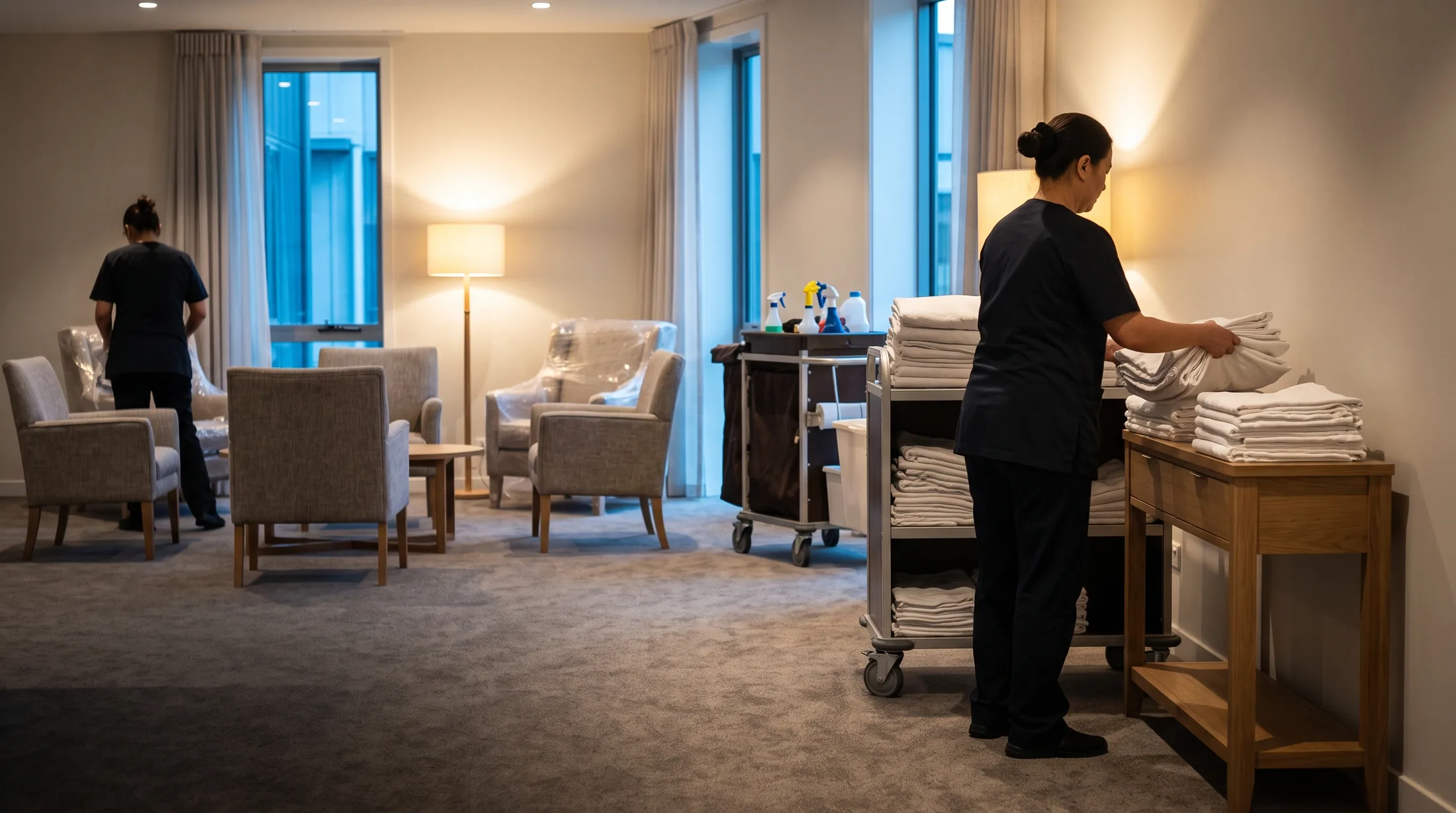 A housekeeper lifting folded linen from a cart onto a timber console in a new wing lounge being stocked.
