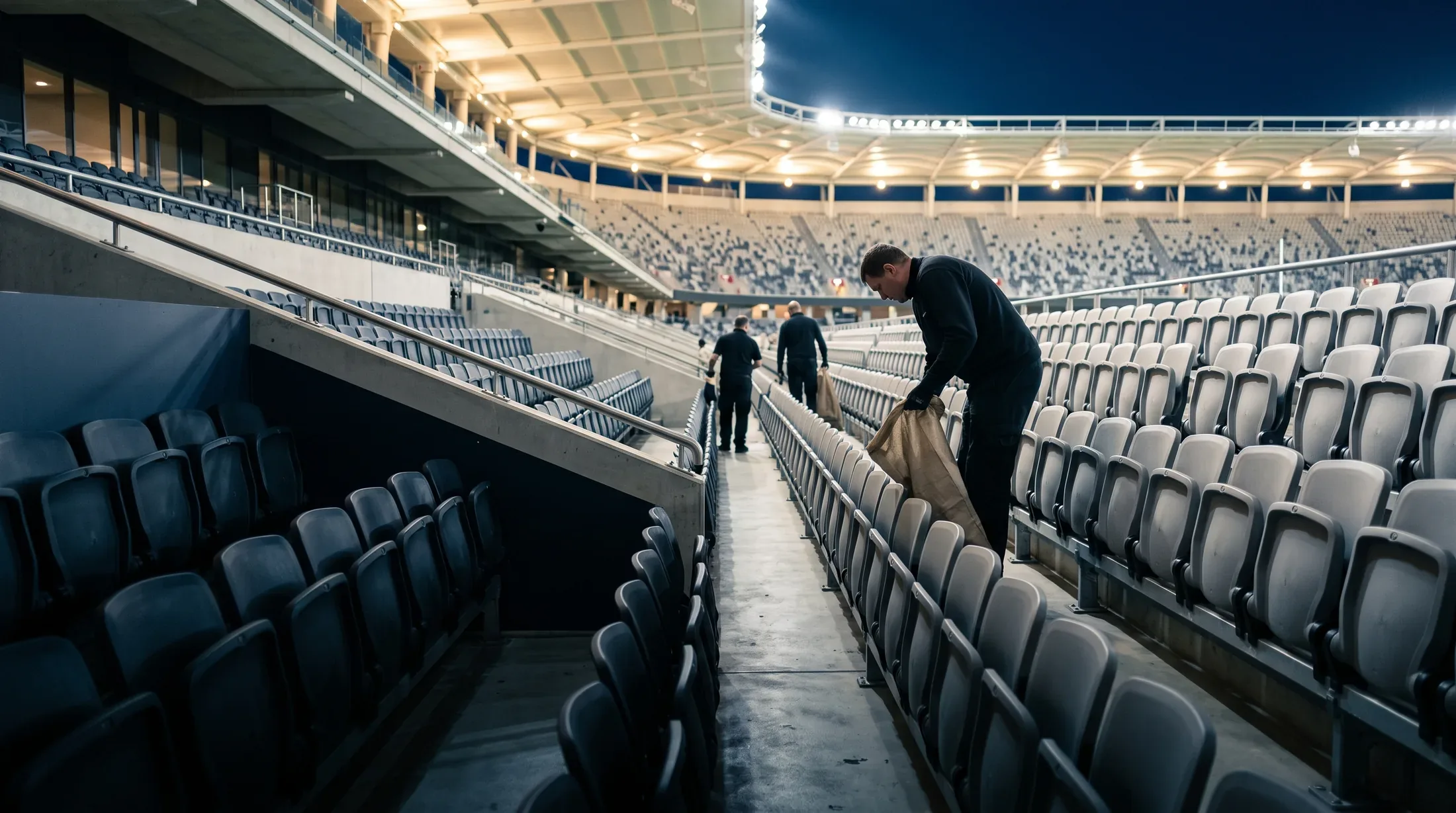 A cleaning crew working row by row through an empty seating bowl after an event.