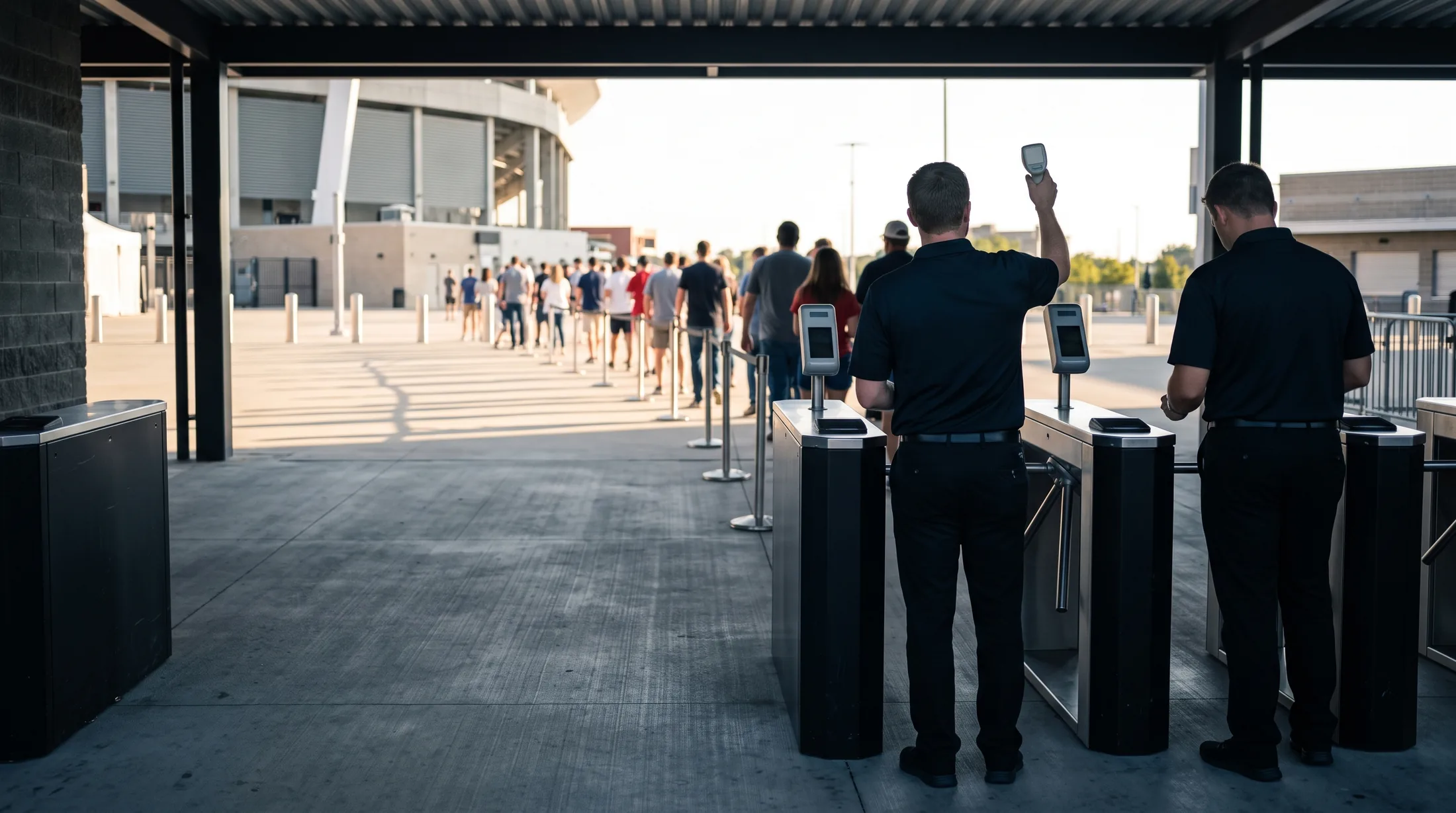 Two gate staff taking position at the turnstiles as a queue forms across the plaza before doors.