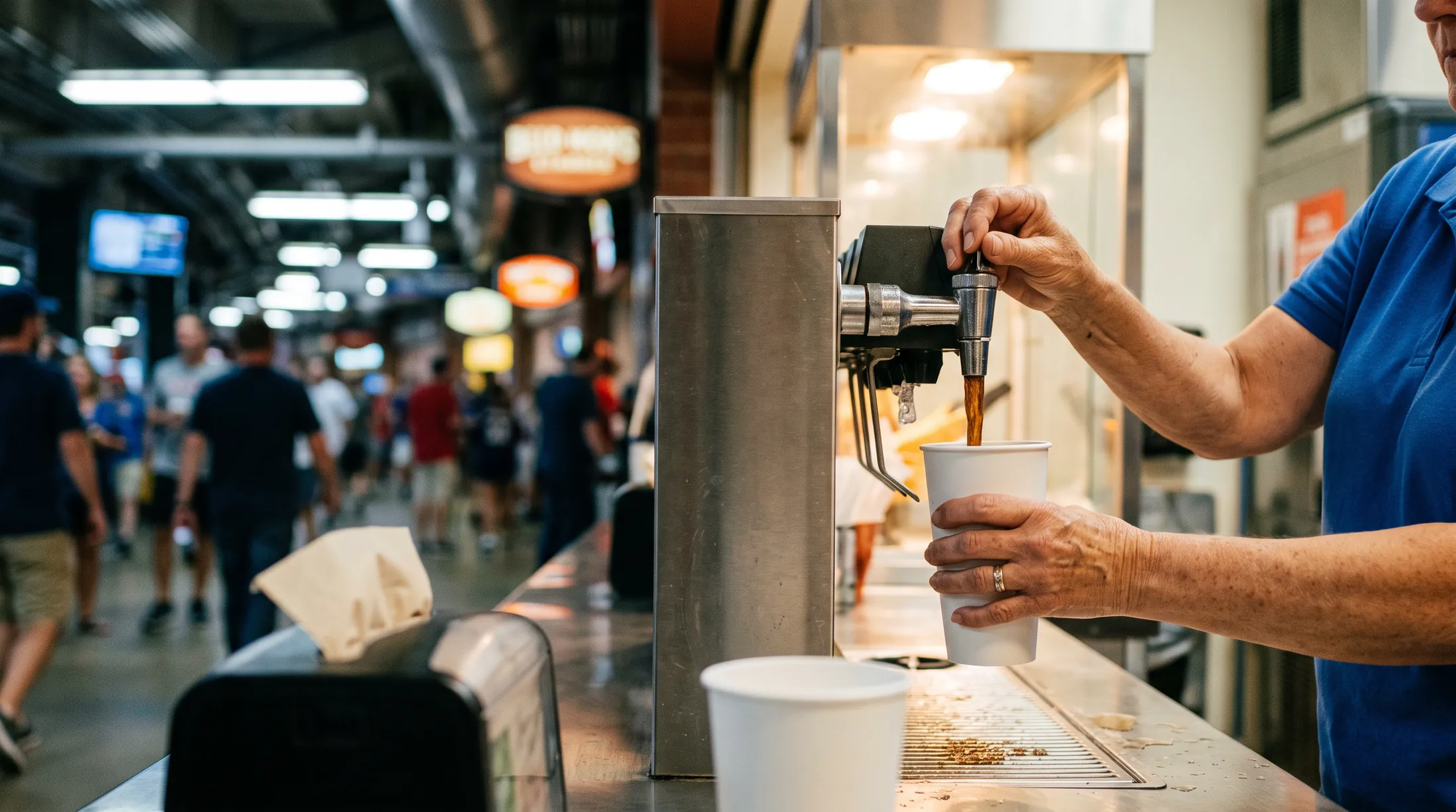 A concessions worker pouring a drink at a stand with a busy concourse behind.