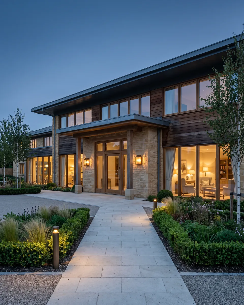 A long, low residential care community building in honey limestone and dark cedar at blue hour, with a deep timber entrance portico, warm lantern sconces, and lit sitting rooms of armchairs and table lamps behind glass, approached down a pale stone walk between clipped hedges and ornamental grasses.