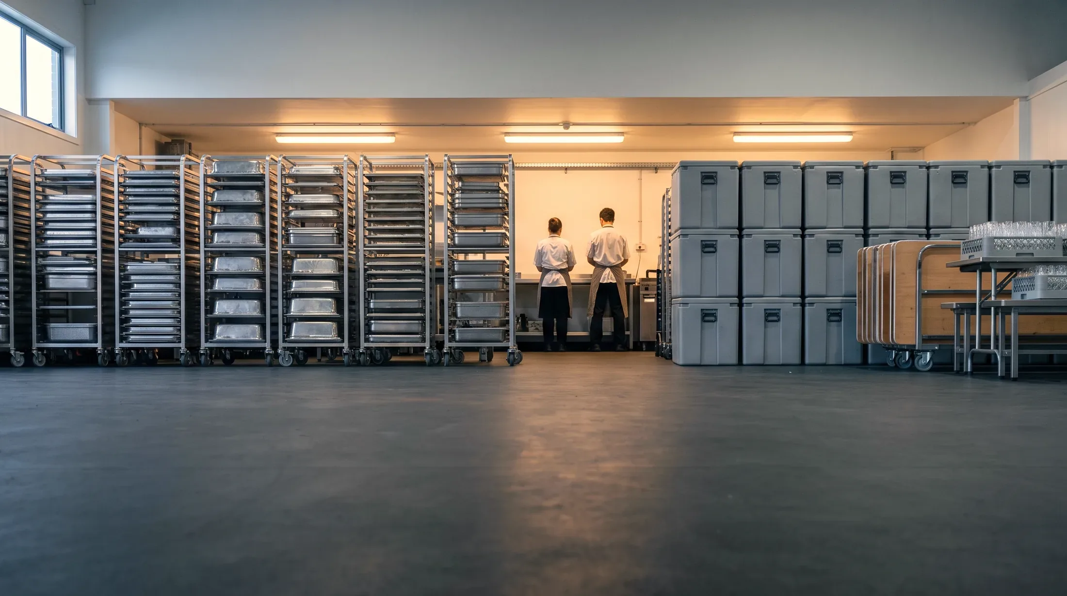 A catering commissary at the morning crunch, covered trays lined down a steel table between tall loaded racks and stacked transport boxes