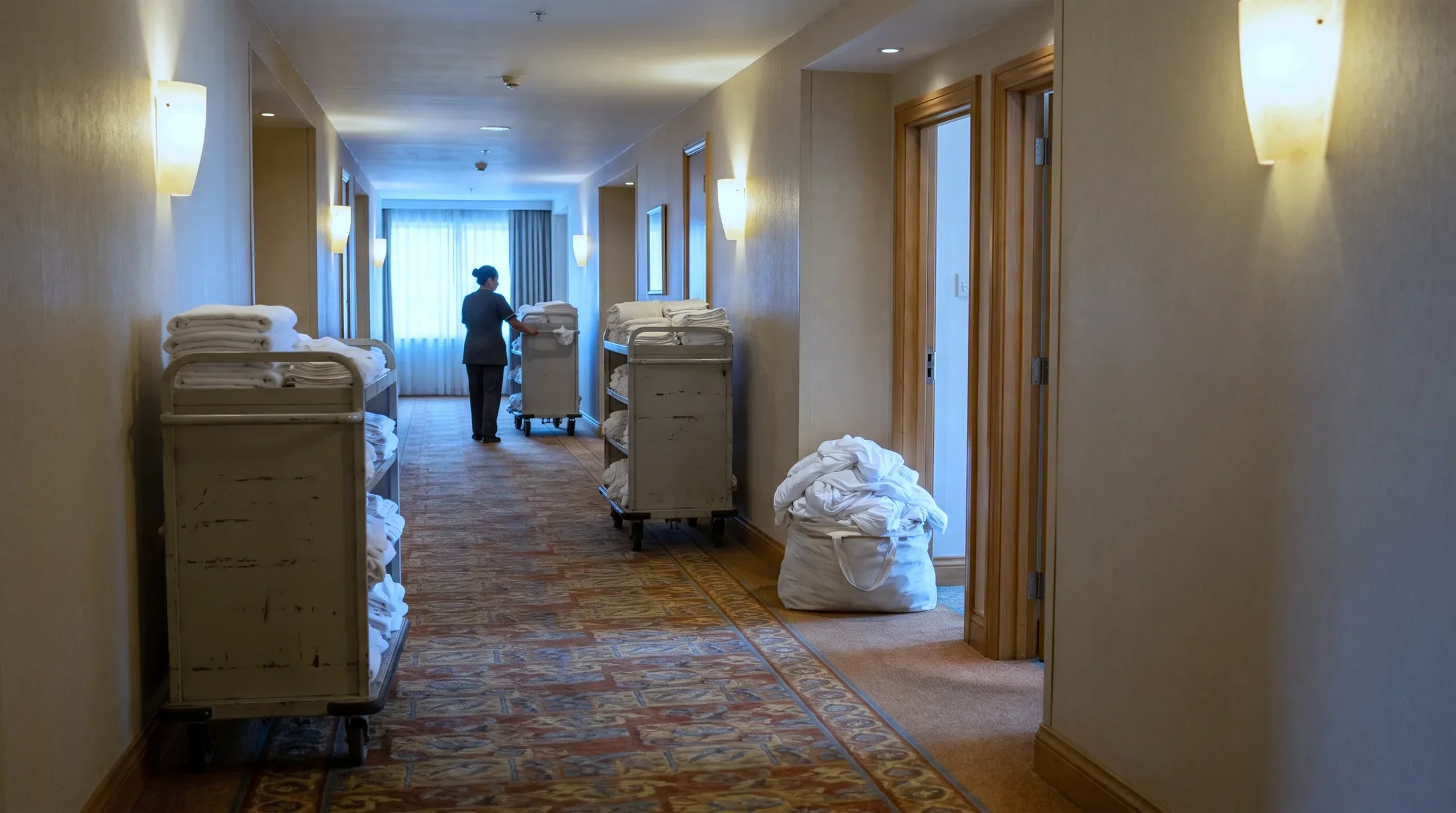 A hotel guest-room corridor mid turn, three loaded housekeeping carts and a full linen bag along it, one attendant far down the corridor with her back to the camera