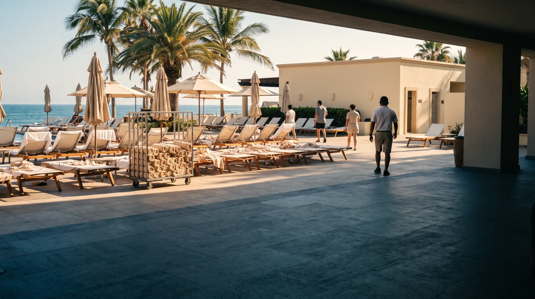 A resort pool deck at the height of the season, loungers out of line under dropped towels beside a half emptied towel trolley, one attendant walking out across it